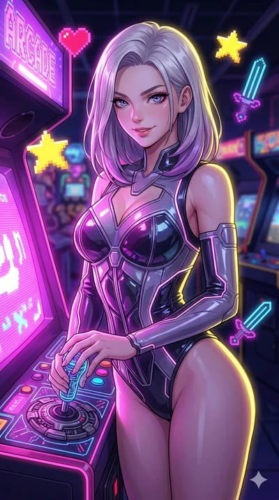 score_9, masterpiece, best quality, ultra-detailed, high-budget anime keyframe, Caucasian woman, strictly human ears. Upper body close-up from the thighs up, character filling the screen for maximum presence. She is leaning back against a glowing ret