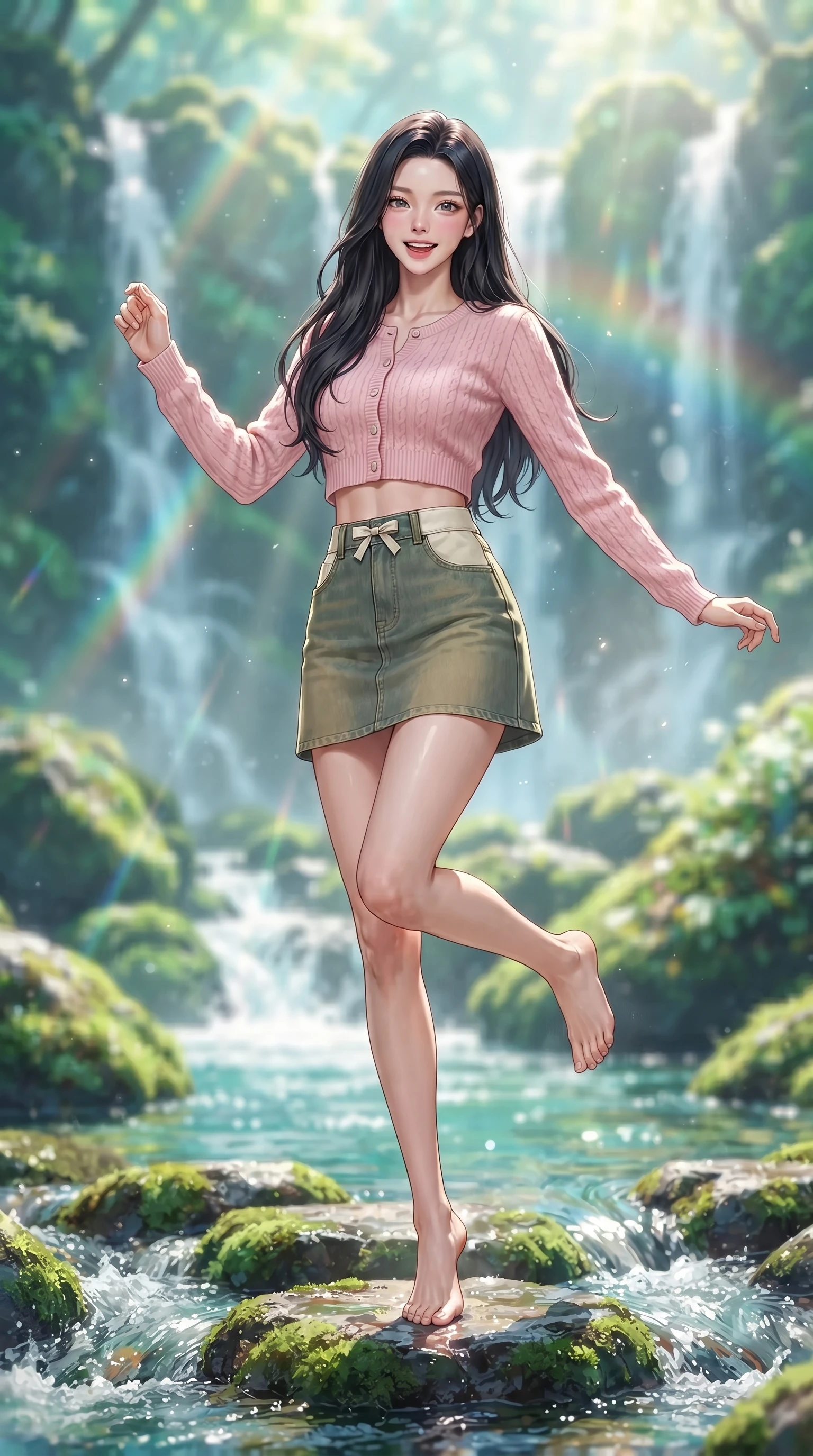 score_9, masterpiece, best quality, ultra-detailed, high-budget anime keyframe, editorial fashion photography, tasteful artistic composition, Korean woman. low angle full-body shot from head to toe showing her feet, filling the entire 9:16 vertical frame with her statuesque presence, stretching her vertical silhouette. standing poised on one leg with a playful hop and joyful expression, her long legs and slender figure highlighted against the landscape while stepping lightly across mossy stepping stones over a bubbling creek, her balance effortlessly graceful and poised. The composition keeps background elements in soft focus with creamy bokeh. cascading white water ribbons and emerald mossy boulders blurred into lush turquoise, jade, and crystal bokeh. She has an absolutely perfect, statuesque 8.5-heads proportion, an exceptionally tall and slender model-like female figure with impossibly long slender legs, a toned flat midriff, and an ultra-slim waist. sharp v-shaped jawline, high-bridge nose, intricate jewel-like eyes with depth, thick eyelashes, glossy lips with a natural sheen, pure and lovely fresh girlhood expression, flawlessly proportioned anatomical accuracy, strict slender model proportions, natural body alignment, perfectly sculpted long slender limbs, ultra-slim waistline, clean dynamic posture without body distortion. wearing a lovely baby-pink cropped knit cardigan paired with a high-waisted denim A-line mini skirt in muted olive green and ivory cotton, tailored from soft pastel lightweight wool blend with subtle texture, accented with a dainty ribbon bow at the waistline, the relaxed yet flattering fit accentuating her naturally graceful and slender figure, highlighting her youthful charm and lovely silhouette. bathed in ethereal sunbeams piercing through waterfall mist, creating radiant rainbow refractions. ultra-reflective glossy finish, specular highlights, rich natural textures, high-contrast stereoscopic depth, volumetric dynamic lighting, 2k, ultra detail, master piece, 9:16 ratio