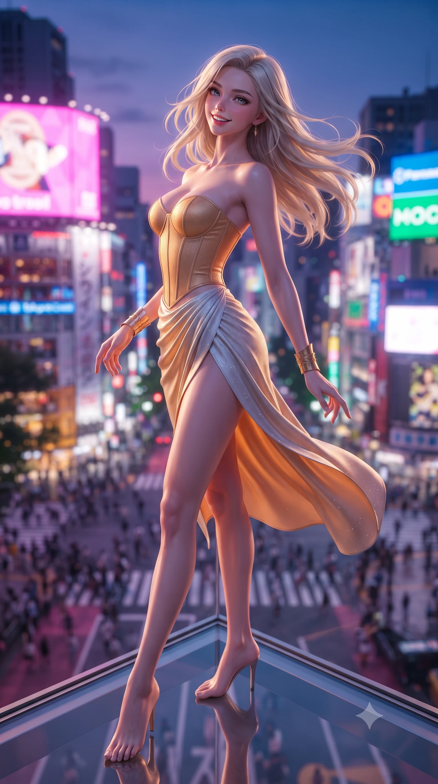 score_9, masterpiece, best quality, ultra-detailed, high-budget anime keyframe, editorial fashion photography, tasteful artistic composition, Caucasian woman. low angle full-body shot from head to toe showing her feet, filling the entire 9:16 vertical frame with her statuesque presence, stretching her vertical silhouette. executing a slow, graceful pivot turn as her skirt sways around her slender legs, glancing back with an enchanting, teasing sensual expression while standing poised on the glass corner platform 230 meters above Shibuya, arching her spine with supermodel poise as twilight deepens. The background shows a soft-focus colossal Shibuya Crossing with tiny pedestrian crowds, massive neon video billboards, and dense Tokyo skyline blurred into electric magenta, cyan, and amber bokeh. She has an exceptionally tall and slender model-like 8.5-heads proportion, an ultra-slim waist, a flat toned midriff, narrow delicate ribcage, and beautifully sculpted feminine hips creating a graceful, slim hourglass silhouette without any bulky heaviness, with impossibly long slender legs. sharp v-shaped jawline, high-bridge nose, intricate jewel-like sparkling eyes with depth, thick eyelashes, glossy parted lips with a natural peach sheen, bright cheerful beaming smile with an enchanting and coquettish sensual glint, exuding both youthful cute charm and seductive allure, flawlessly proportioned anatomical accuracy, strict slender model proportions, natural body alignment, perfectly sculpted long slender limbs, ultra-slim waistline, clean dynamic posture without body distortion. wearing a sculpted sweetheart-neckline boned corset top paired with an asymmetric draped wrap skirt with daring leg opening in Dubai desert golden hour amber and pure starlight platinum, made of fluid liquid jersey with seamless sculpting hold and smooth contours, accented with delicate golden wrist cuffs reflecting warm chandelier light, the second-skin tailored fabric adhering flawlessly to her sculpted flat midriff and slender torso, emphasizing her long leg lines and perfectly proportioned willowy build. bathed in the breathtaking contrast of violet dusk sky and blinding saturated neon magenta and cyan billboard backlighting. ultra-reflective glossy finish, specular highlights, rich textural contrasts, high-contrast stereoscopic depth, volumetric dynamic lighting, 2k, ultra detail, master piece, 9:16 ratio