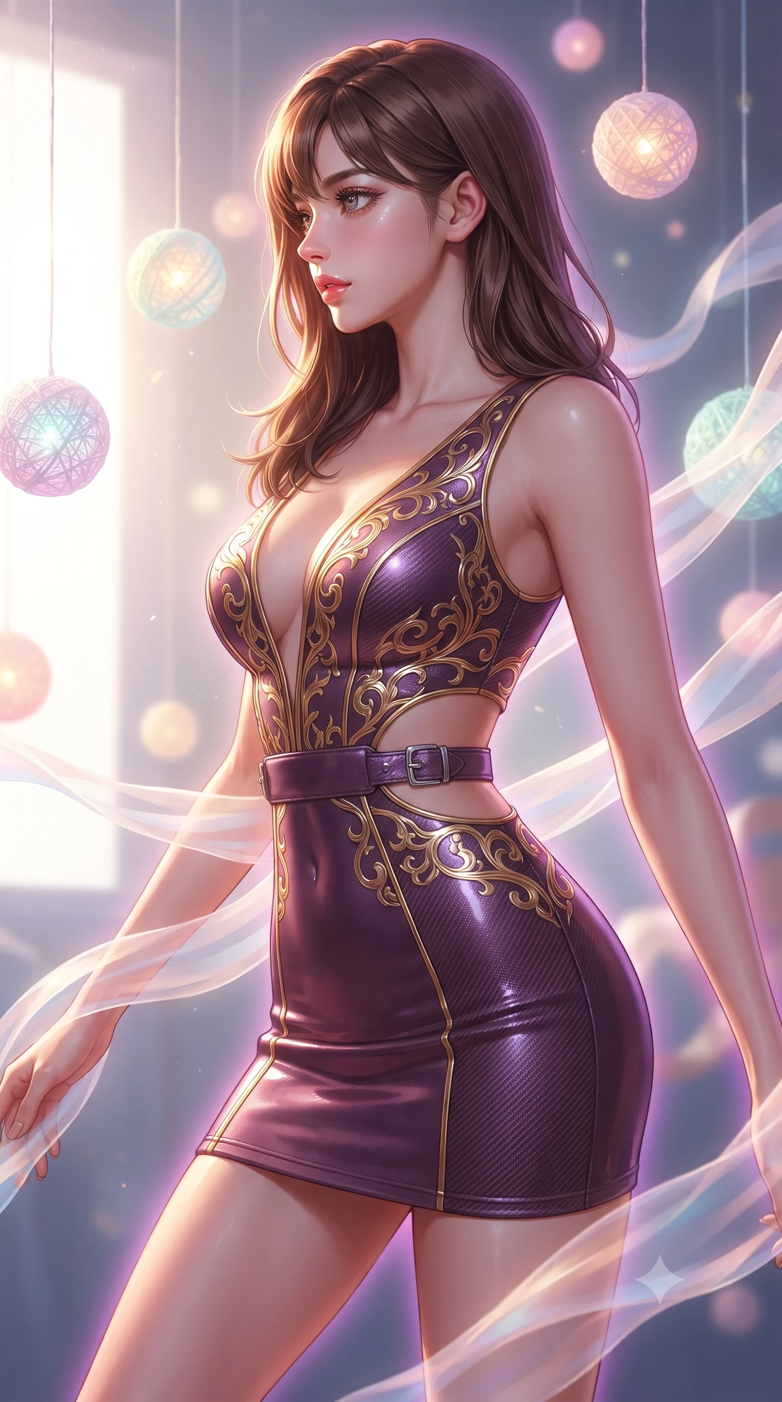 score_9, masterpiece, best quality, ultra-detailed, high-budget anime keyframe, editorial fashion photography, tasteful artistic composition, Korean woman. close-up cowboy shot from the waist and thighs up, the character dominates the composition, filling the frame with her large presence, background elements kept in soft focus. Turning her face in sharp dramatic profile against the bright light, showcasing her sharp v-shaped jawline resting amidst suspended illuminated yarn spheres glowing with pastel tones, translucent silk ribbons swirling around her body like light streams. She has an exceptionally elegant, slender, and willowy female figure with an ultra-slim waist, a gracefully sculpted slender torso, and a refined silhouette. sharp v-shaped jawline, high-bridge nose, intricate jewel-like eyes with depth, thick eyelashes, glossy lips with a natural sheen. wearing a liquid mercury gloss mini dress with ultra-deep V-neck and waist cutouts in plum purple and gold filigree, made of fine carbon-fiber weave and soft matte leather, detailed with polished silver buckles along the waistline, the tailored fabric tightly following every curve of her athletic build. surrounded by a vibrant fluorescent aura with bright rim highlights. highly saturated vibrant anime colors, detailed shading with soft gradients, rich glossy textures, high-contrast stereoscopic depth, volumetric dynamic lighting, master piece, 9:16 ratio