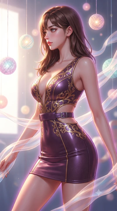 score_9, masterpiece, best quality, ultra-detailed, high-budget anime keyframe, editorial fashion photography, tasteful artistic composition, Korean woman. close-up cowboy shot from the waist and thighs up, the character dominates the composition, fi