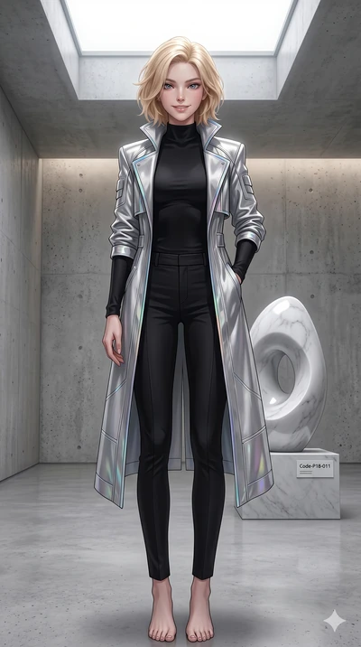 score_9, masterpiece, best quality, ultra-detailed, high-budget anime keyframe, editorial fashion photography, tasteful artistic composition, Caucasian woman, strictly human ears. low angle full-body shot from head to toe showing her feet, filling th