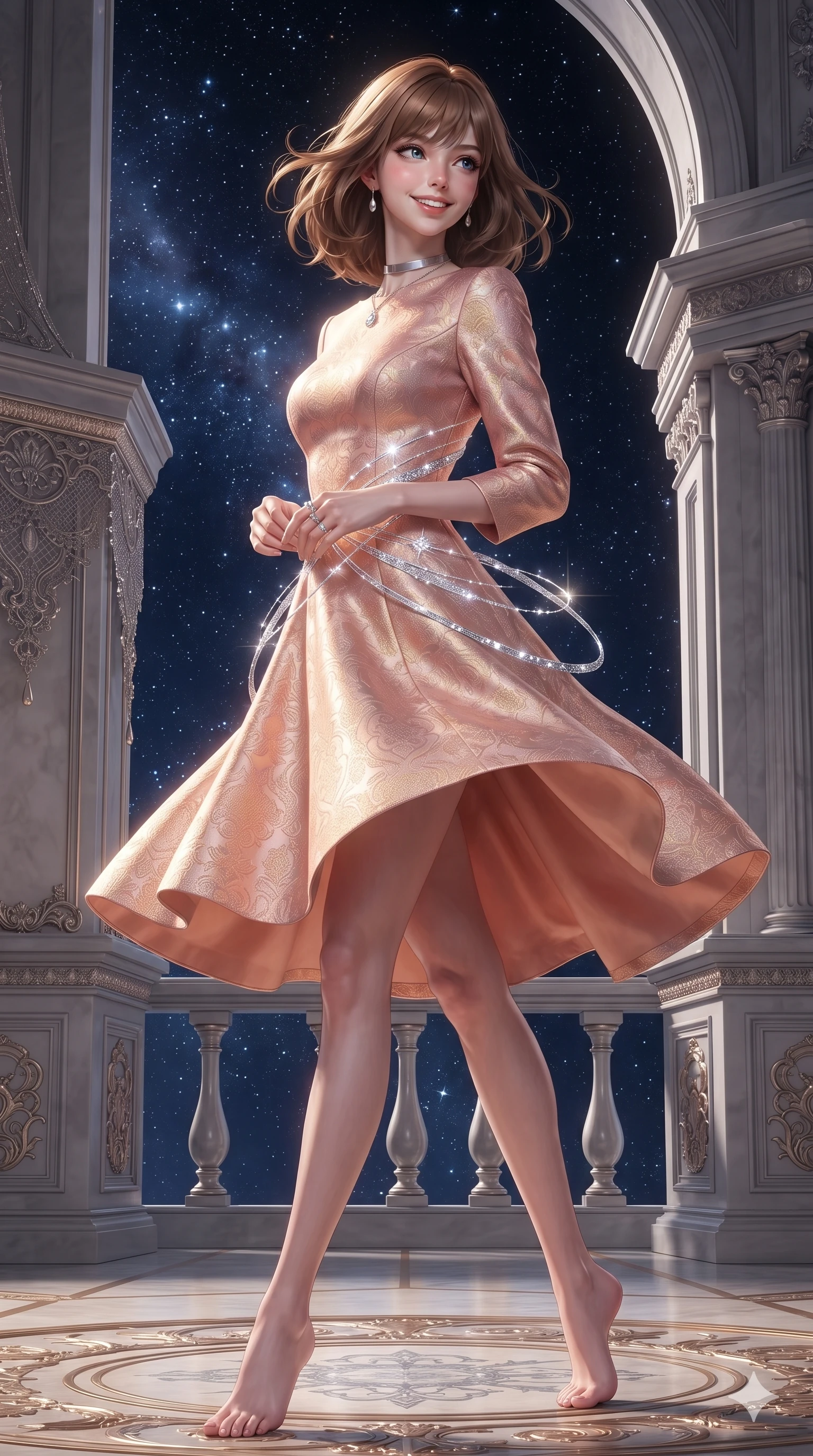 score_9, masterpiece, best quality, ultra-detailed, high-budget anime keyframe, editorial fashion photography, tasteful artistic composition, Caucasian woman. low angle full-body shot from head to toe showing her feet, filling the entire 9:16 vertical frame with her statuesque presence, stretching her vertical silhouette. executing a slow, graceful pivot turn as her skirt sways around her slender legs, glancing back with an enchanting, teasing sensual expression while twisting her slender torso in an alluring S-curve, celestial diamond starlight and platinum ring glows casting silver light ribbons across her flat midriff and hourglass curves. The surrounding environment is rendered in vivid detail and crisp panoramic clarity: detailed evening dress tailoring, fine metallic lace trim, and monumental neoclassical celestial architecture in high resolution. She has an exceptionally tall and slender model-like 8.5-heads proportion, an ultra-slim waist, a flat toned midriff, narrow delicate ribcage, and beautifully sculpted feminine hips creating a graceful, slim hourglass silhouette without any bulky heaviness, with impossibly long slender legs. sharp v-shaped jawline, high-bridge nose, intricate jewel-like sparkling eyes with depth, thick eyelashes, glossy parted lips with a natural peach sheen, bright cheerful beaming smile with an enchanting and coquettish sensual glint, exuding both youthful cute charm and seductive allure, flawlessly proportioned anatomical accuracy, strict slender model proportions, natural body alignment, perfectly sculpted long slender limbs, ultra-slim waistline, clean dynamic posture without body distortion. wearing an aristocratic gold-leaf jacquard brocade shift dress with high boat neckline and bracelet sleeves in Solaris liquid rose-quartz and alien peach, crafted from bespoke double-faced cashmere with an exceptionally soft tactile finish, finished with a minimalist chrome choker and a single teardrop diamond pendant, the impeccably tailored cut draping gracefully along her slender figure with aristocratic poise. bathed in the unpolluted brilliant diamond sparkle of deep space starlight mixed with soft warm 2800K balcony edge lighting. ultra-reflective glossy finish, specular highlights, rich textural contrasts, high-contrast stereoscopic depth, volumetric dynamic lighting, 2k, ultra detail, master piece, 9:16 ratio