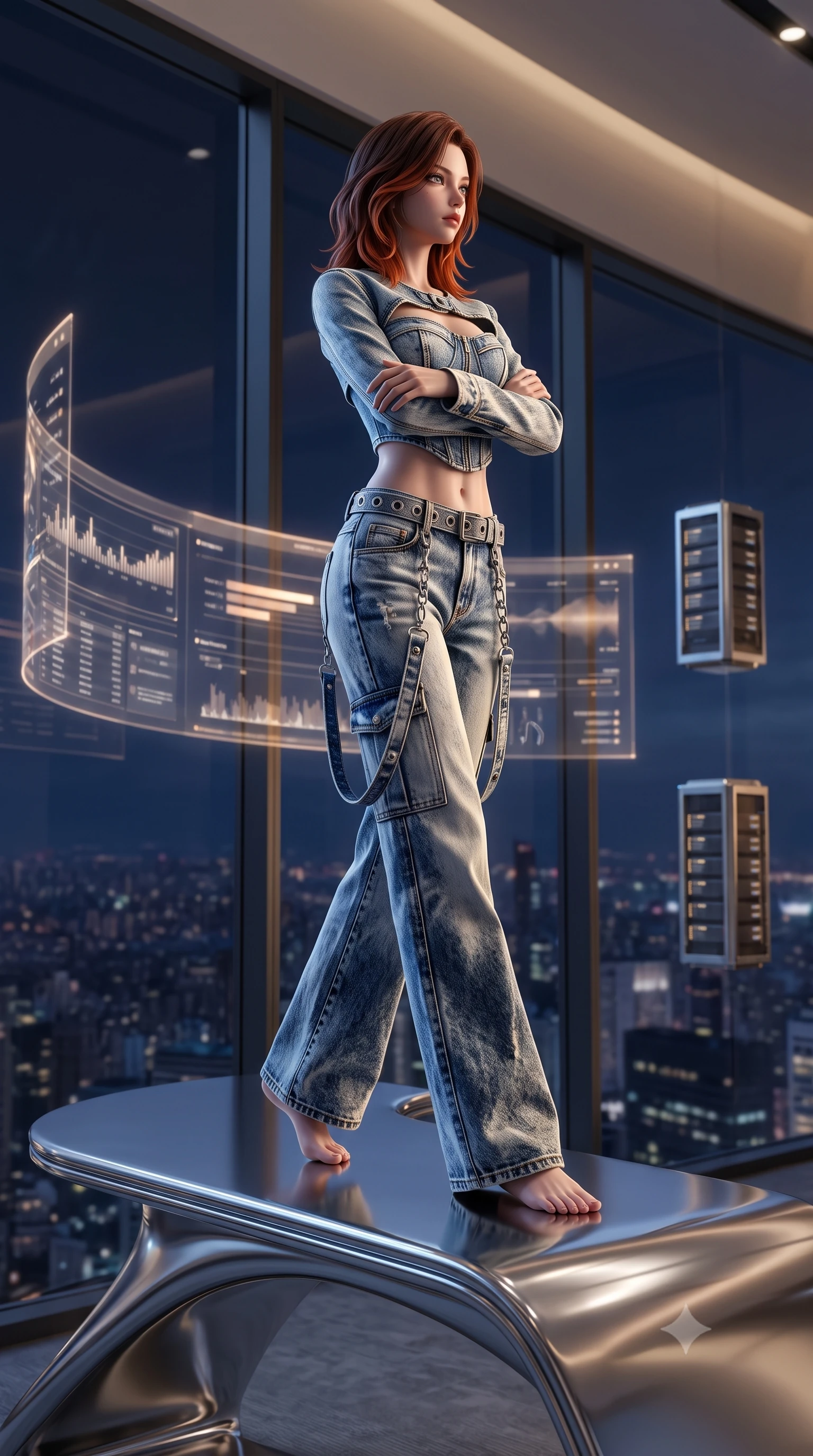 score_9, masterpiece, best quality, ultra-detailed, high-budget anime keyframe, semi-realistic 3D game render, editorial fashion photography, tasteful artistic composition, Korean woman. low angle full-body shot from head to toe showing her feet, filling the entire 9:16 vertical frame with her statuesque presence, stretching her vertical silhouette. stepping forward gracefully in mid-motion, displaying her toned flat midriff and flawlessly sculpted slender limbs while sitting on the edge of a floating chrome desk with arms folded loosely, gazing through the one-way panoramic glass into the night. The composition keeps background elements in soft focus with creamy bokeh. curved holographic data interfaces and floating server pylons softened in sleek shallow depth of field. She has an absolutely perfect, statuesque 8.5-heads proportion, an exceptionally tall and slender model-like female figure with impossibly long slender legs, a toned flat midriff, and an ultra-slim waist. sharp v-shaped jawline, high-bridge nose, intricate jewel-like eyes with depth, thick eyelashes, glossy lips with a natural sheen, captivating and magnetic expression, flawlessly proportioned anatomical accuracy, strict slender model proportions, natural body alignment, perfectly sculpted long slender limbs, ultra-slim waistline, clean dynamic posture without body distortion. wearing a deconstructed denim corseted crop jacket paired with high-waisted wide-leg utility jeans and a silver grommet belt in acid-wash light denim and dark chrome, tailored from distressed structured cotton denim with metallic thread, accented with hanging industrial clip straps and chrome chain links edition #21, the sleek tailored cut tightly hugging her graceful clavicle, narrow waist, and feminine curves with statuesque precision. surrounded by a mastermind, elite, and dangerously seductive intelligence director aura. highly saturated vibrant anime colors, detailed shading with soft gradients, rich glossy textures, high-contrast stereoscopic depth, volumetric dynamic lighting, master piece, 9:16 ratio