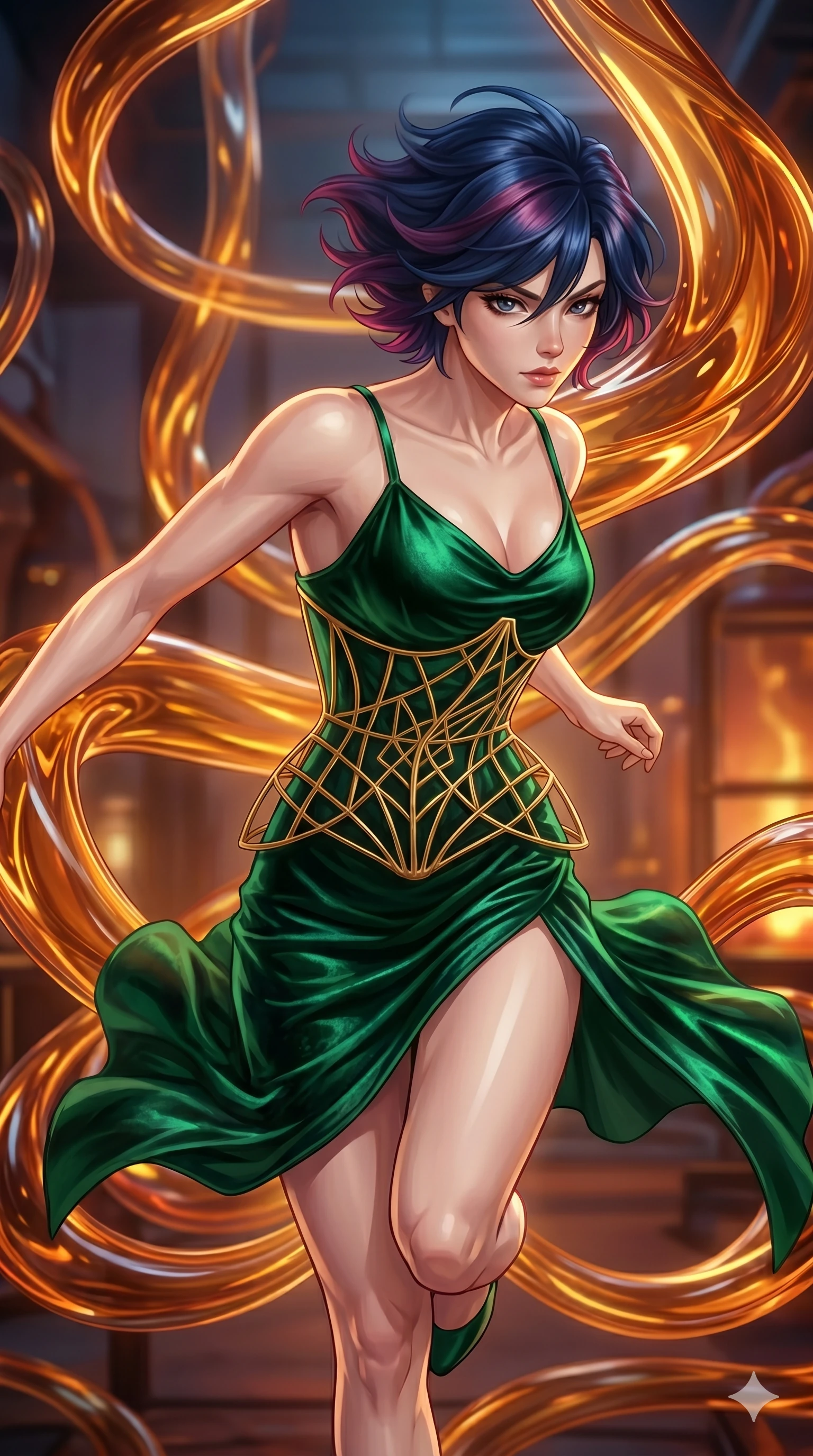 score_9, masterpiece, best quality, ultra-detailed, high-budget anime keyframe, Korean woman. upper body close-up from the thighs up, character filling the screen for maximum presence. bounding through a molten glass art studio where twisting, glowing amber glass tubes rotate like fluid rivers in a heated environment. She has an absolutely perfect 8-heads proportion, an exceptionally tall and slender female figure with impossibly long slender legs and an ultra-slim waist. V-shaped jawline, high-bridge nose, intricate jewel-like eyes with depth, thick eyelashes, glossy lips with a natural sheen.. wearing a mathematical gold wire cage corset and an emerald green silk velvet slip dress with a thigh-high side slit. lit by a soft glowing ambient light and a sharp side key light that traces the sleek contours of her athletic build. 2k, ultra detail, master piece, 9:16 ratio