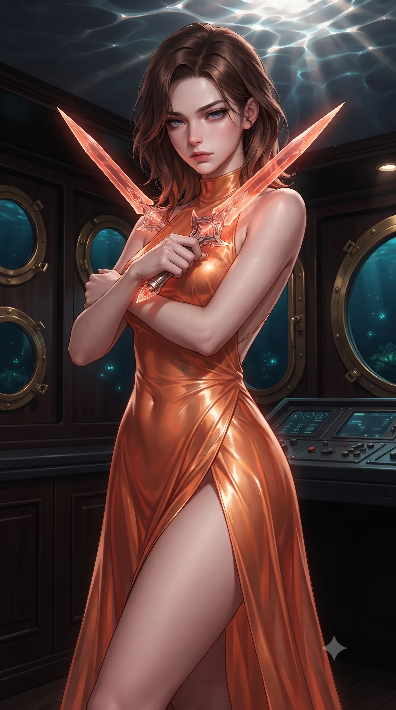 score_9, masterpiece, best quality, ultra-detailed, high-budget anime keyframe, editorial fashion photography, tasteful artistic composition, Korean woman. close-up cowboy shot from the waist and thighs up, the character dominates the composition, filling the frame with her large presence, background elements kept in soft focus. holding two energy daggers crossed in front of her elegant collarbone, casting a heavy-lidded, sultry look, the background shows a soft-focus a private cabin room of an abyssal research yacht with brass portholes. She has an exceptionally elegant, slender, and willowy female figure with an ultra-slim waist, a gracefully sculpted slender torso, and a refined silhouette. sharp v-shaped jawline, high-bridge nose, intricate jewel-like eyes with depth, thick eyelashes, glossy lips with a natural sheen. wearing a form-contouring high-slit space combat gown in sunset orange chiffon, featuring a daring thigh-slit and an open-back design. shimmering sunbeams reflecting from the water surface onto the ceiling. ultra-reflective glossy finish, specular highlights, metallic sheen, high-contrast stereoscopic depth, volumetric dynamic lighting, 2k, ultra detail, master piece, 9:16 ratio