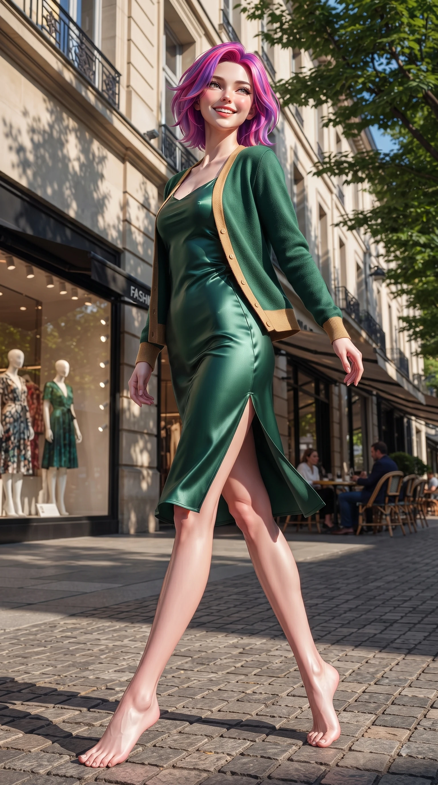 score_9, masterpiece, best quality, ultra-detailed, high-budget anime keyframe, editorial fashion photography, tasteful artistic composition, Caucasian woman. low angle full-body shot from head to toe showing her feet, filling the entire 9:16 vertical frame with her statuesque presence, stretching her vertical silhouette. performing a cheerful mid-motion turn with flawless poise, her radiant smile capturing fresh girlhood energy while stepping along a quiet tree-lined fashion avenue with an effortless statuesque posture. The surrounding environment is rendered in vivid detail and crisp panoramic clarity. intricate fashion displays, outdoor cafe seating, and crisp architectural shadows rendered in deep focus. She has an absolutely perfect, statuesque 8.5-heads proportion, an exceptionally tall and slender model-like female figure with impossibly long slender legs and an ultra-slim waist. sharp v-shaped jawline, high-bridge nose, intricate jewel-like eyes with depth, thick eyelashes, glossy lips with a natural sheen, flawlessly proportioned anatomical accuracy, natural body alignment, perfectly sculpted elegant limbs, clean dynamic posture without body distortion. wearing a glossy satin slip dress layered under a soft cashmere cardigan in bright emerald green and warm gold trim, made of premium stretch jersey that follows her curves like a glove, featuring a sleek side leg slit ascending to mid-thigh, the form-contouring material highlighting her ultra-slim waist and long lines. illuminated by crisp clear afternoon key light and vibrant specular highlights. ultra-reflective glossy finish, specular highlights, metallic sheen, high-contrast stereoscopic depth, volumetric dynamic lighting, 2k, ultra detail, master piece, 9:16 ratio