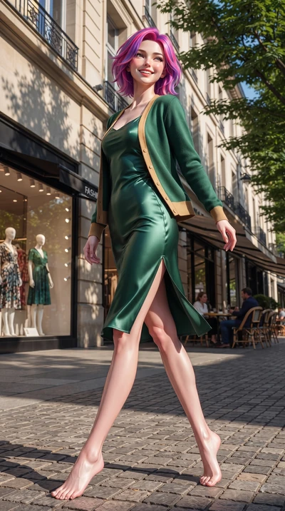 score_9, masterpiece, best quality, ultra-detailed, high-budget anime keyframe, editorial fashion photography, tasteful artistic composition, Caucasian woman. low angle full-body shot from head to toe showing her feet, filling the entire 9:16 vertica