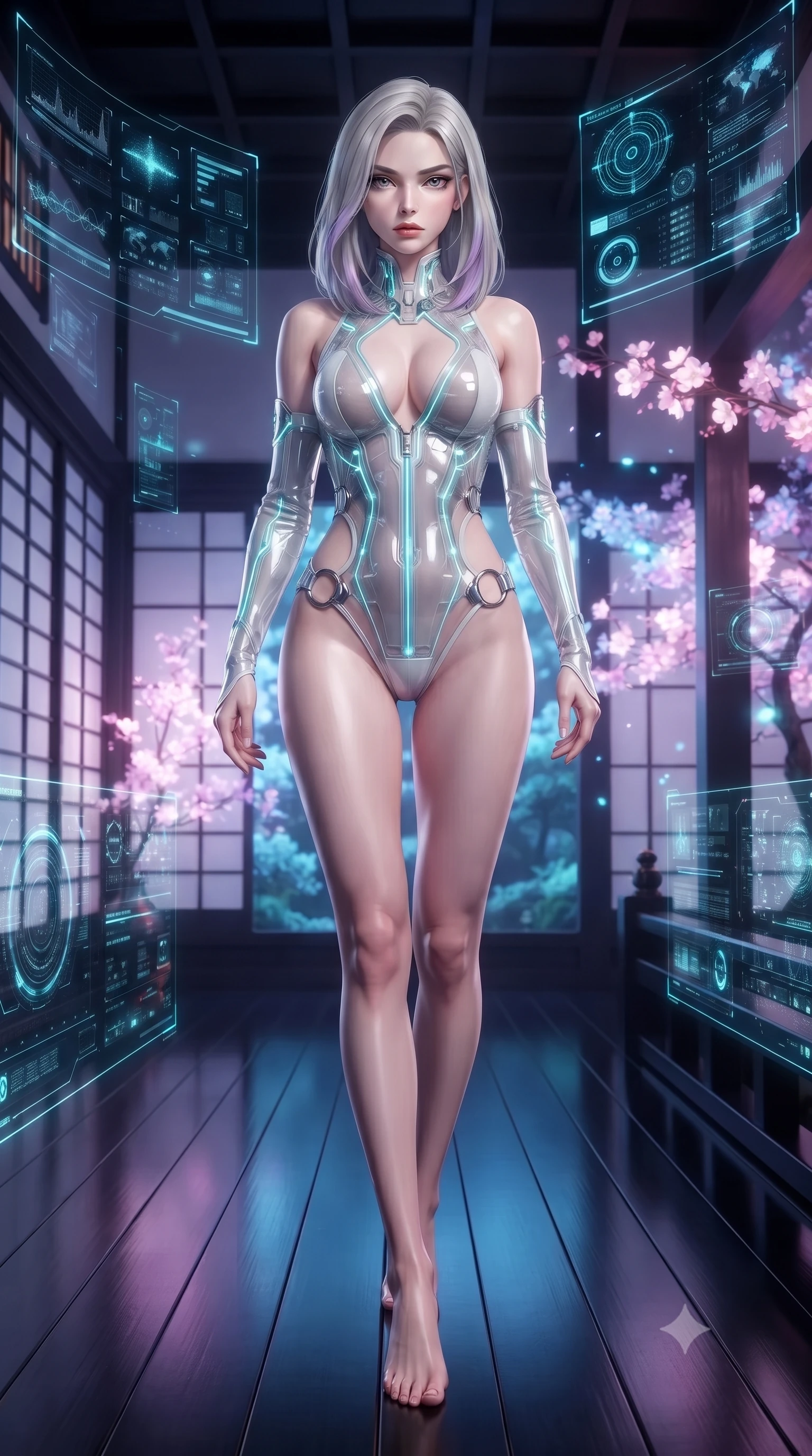 score_9, masterpiece, best quality, ultra-detailed, high-budget anime keyframe, editorial fashion photography, tasteful artistic composition, Caucasian woman. low angle full-body shot from head to toe showing her feet, filling the entire 9:16 vertical frame with her statuesque presence, stretching her vertical silhouette. striding forward in a proud, statuesque motion with a dangerous smolder, her vertical silhouette dominating the frame from head to toe while lounging along a polished black lacquer veranda as holographic cherry blossoms and blue moss glow softly. The surrounding environment is rendered in vivid detail and crisp panoramic clarity. harmonious fusion of ancient oriental zen aesthetics and glowing cyberpunk technology in high clarity. She has an absolutely perfect, statuesque 8.5-heads proportion, an exceptionally tall and slender model-like female figure with impossibly long slender legs and an ultra-slim waist. sharp v-shaped jawline, high-bridge nose, intricate jewel-like eyes with depth, thick eyelashes, glossy lips with a natural sheen, flawlessly proportioned anatomical accuracy, natural body alignment, perfectly sculpted elegant limbs, clean dynamic posture without body distortion. wearing a translucent cybernetic corset in semi-opaque structured vinyl, combined with detached sleeves and a deep-plunging neckline secured by glowing micro-straps in pure snow white latex and glowing cyan circuit seams, crafted from ultra-reflective second-skin latex with a glass-like polish, detailed with polished silver rings connecting the daring side-waist cutouts, the form-contouring second-skin material highlighting her ultra-slim waist and long lines. surrounded by an exotic, mystical, and intensely captivating oriental cyber-goddess aura. ultra-reflective glossy finish, specular highlights, metallic sheen, high-contrast stereoscopic depth, volumetric dynamic lighting, 2k, ultra detail, master piece, 9:16 ratio