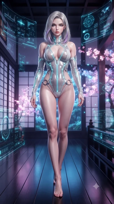 score_9, masterpiece, best quality, ultra-detailed, high-budget anime keyframe, editorial fashion photography, tasteful artistic composition, Caucasian woman. low angle full-body shot from head to toe showing her feet, filling the entire 9:16 vertica