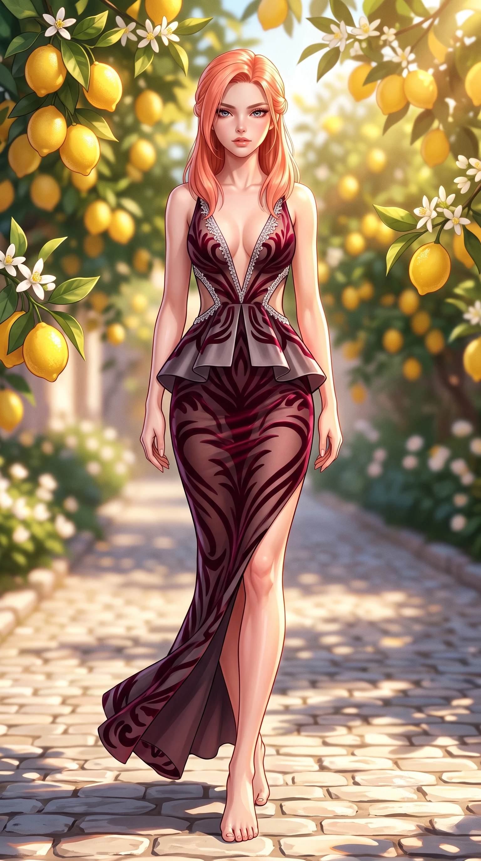 score_9, masterpiece, best quality, ultra-detailed, high-budget anime keyframe, semi-realistic 3D game render, editorial fashion photography, tasteful artistic composition, Japanese woman. low angle full-body shot from head to toe showing her feet, filling the entire 9:16 vertical frame with her statuesque presence, stretching her vertical silhouette. striding forward in a proud supermodel runway stride, hips swaying in an alluring kinetic rhythm that accentuates her curvy hourglass silhouette while standing poised on the sun-dappled cobblestone path, twisting her slender torso in an alluring contrapposto stance as the Mediterranean breeze flutters her dress. The composition keeps background elements in soft focus with creamy bokeh. clustering yellow lemons and fragrant white lemon blossoms softened in romantic Italian shallow focus. She has an exceptionally tall and slender model-like 8.5-heads proportion, an ultra-slim waist, a flat toned midriff, narrow delicate ribcage, and beautifully sculpted feminine hips creating a graceful, slim hourglass silhouette without any bulky heaviness, with impossibly long slender legs. sharp v-shaped jawline, high-bridge nose, intricate jewel-like eyes with depth, thick eyelashes, glossy parted lips with a natural sheen, intensely captivating and seductive bedroom-eyes expression, flawlessly proportioned anatomical accuracy, strict slender model proportions, natural body alignment, perfectly sculpted long slender limbs, ultra-slim waistline, clean dynamic posture without body distortion. wearing a structural geometric peplum gown with sheer side-ribbon cutouts and form-fitting skirt in deep wine burgundy and brushed dark platinum, made of sheer contouring power-mesh with velvet flocking patterns, finished with delicate crystal frost embroidery tracing the plunging neckline, the precision-cut side openings and low-back scoop framing her graceful spine and the sensual sweep of her slim, toned hips. bathed in brilliant Mediterranean golden hour sunlight dappled through lush lemon tree leaves. highly saturated vibrant anime colors, detailed shading with soft gradients, rich glossy textures, high-contrast stereoscopic depth, volumetric dynamic lighting, master piece, 9:16 ratio