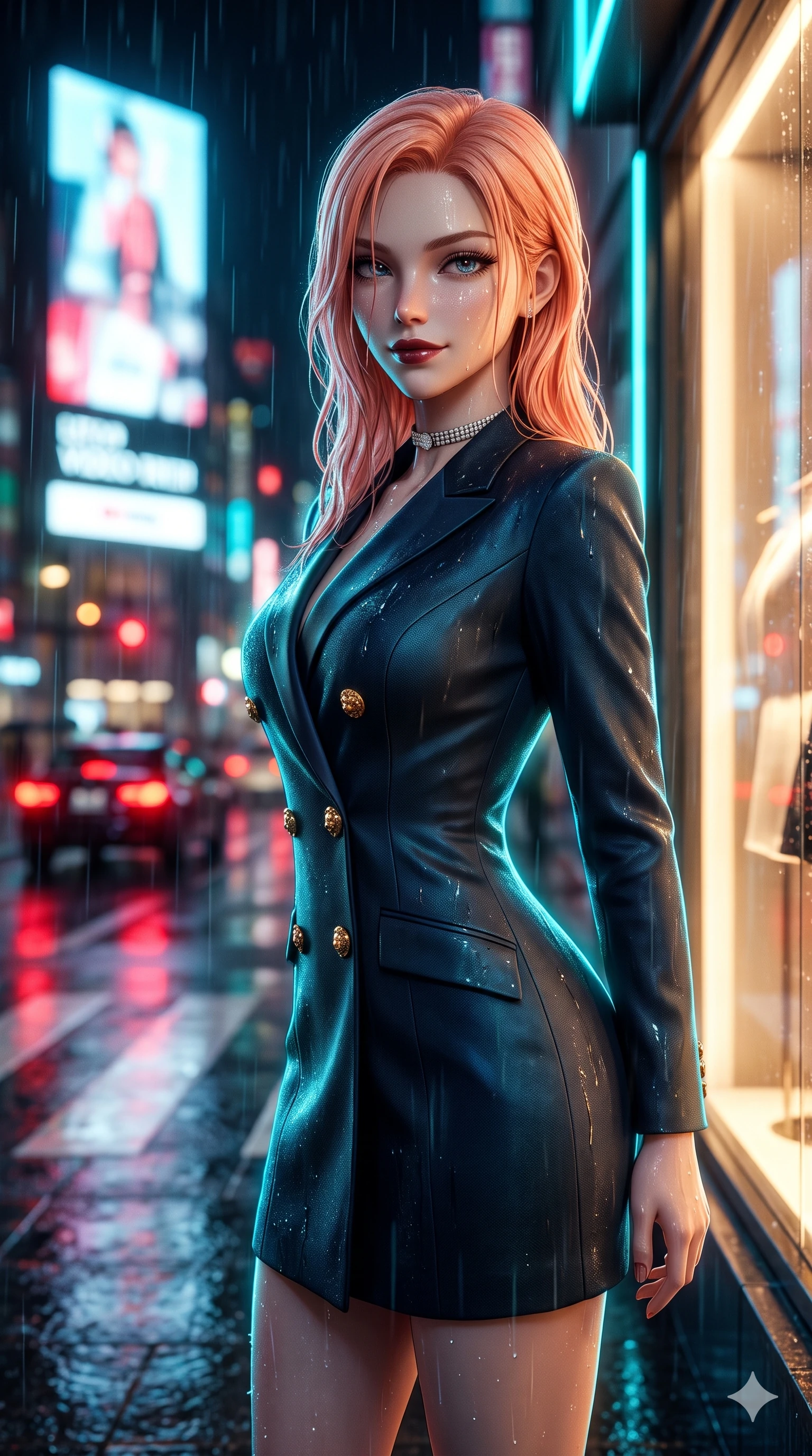 score_9, masterpiece, best quality, ultra-detailed, high-budget anime keyframe, semi-realistic 3D game render, editorial fashion photography, tasteful artistic composition, Japanese woman. close-up cowboy shot from the waist and thighs up, the character dominates the composition, filling the frame with her large presence. pausing beside an illuminated luxury boutique window with hips cocked back, glancing back with an enchanting, dangerous smile through falling rain while twisting her slender torso in an alluring S-curve beneath the neon glare, wet fabric clinging to her flat midriff and hourglass curves. The background shows a soft-focus towering neon LED video screens, streaking red car taillights, and wet pedestrian crosswalk blurred into scarlet, cyan, and amber bokeh. She has an exceptionally elegant, slender, and willowy female figure with an ultra-slim waist, flat toned midriff, narrow ribcage, and sculpted feminine hips creating an alluring, slim hourglass silhouette without bulk. sharp v-shaped jawline, high-bridge nose, intricate jewel-like dark sparkling eyes with dangerous depth, thick curled eyelashes, glossy parted lips with a rich wine sheen, smoldering seductive half-smile with bedroom-eyes, exuding effortless superiority and intoxicating dark allure, flawlessly proportioned anatomical accuracy, strict slender model proportions, natural body alignment, perfectly sculpted long slender limbs, ultra-slim waistline, clean dynamic posture without body distortion. wearing a tailored double-breasted midnight tuxedo jacket dress with satin peak lapels and golden lion-head buttons in iridescent petroleum beetle-sheen and deep graphite, tailored from fine lightweight midnight wool crepe with crisp architectural structure, finished with a delicate diamond choker catching the chandelier light, the bespoke structured tailoring following the natural line of her 8.5-heads silhouette with refined elegance. illuminated by mirror-wet road surface bounce and sharp electric-cyan rim lights defining her razor-sharp jawline, narrow waist, and curvy hips. highly saturated vibrant anime colors, detailed shading with soft gradients, rich glossy textures, high-contrast stereoscopic depth, volumetric dynamic lighting, master piece, 9:16 ratio