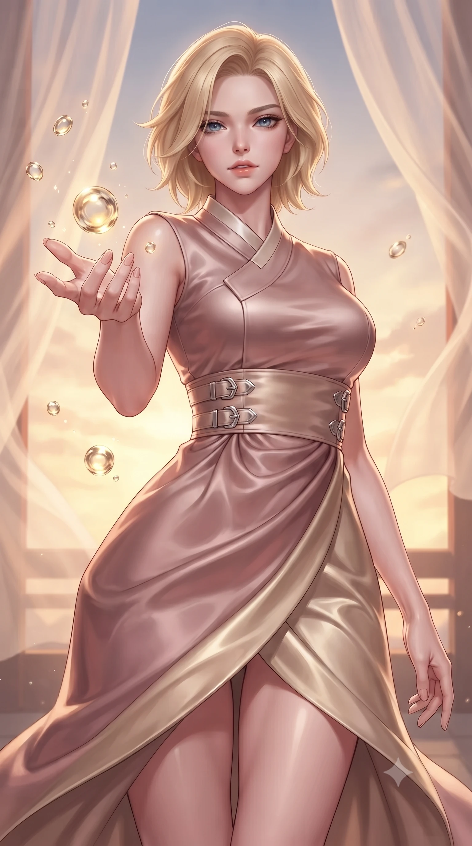 score_9, masterpiece, best quality, ultra-detailed, high-budget anime keyframe, editorial fashion photography, tasteful artistic composition, Caucasian woman. close-up cowboy shot from the waist and thighs up, the character dominates the composition, filling the frame with her large presence, background elements kept in soft focus. Reaching one hand gracefully toward the viewer with effortless superiority and allure interacting with floating golden water Orbs in a cloudtop palace court, translucent silk curtains drifting lazily in a warm sky breeze. She has an exceptionally elegant, slender, and willowy female figure with an ultra-slim waist, a gracefully sculpted slender torso, and a refined silhouette. sharp v-shaped jawline, high-bridge nose, intricate jewel-like eyes with depth, thick eyelashes, glossy lips with a natural sheen. wearing a modern fusion silk hanbok dress with a structured bodice in dusty rose and champagne gold, crafted from lustrous satin jersey with fluid draping, detailed with polished silver buckles along the waistline, the tailored fabric tightly following every curve of her athletic build. lit by brilliant warm key light softening into smooth, elegant gradients. ultra-reflective glossy finish, specular highlights, metallic sheen, high-contrast stereoscopic depth, volumetric dynamic lighting, 2k, ultra detail, master piece, 9:16 ratio