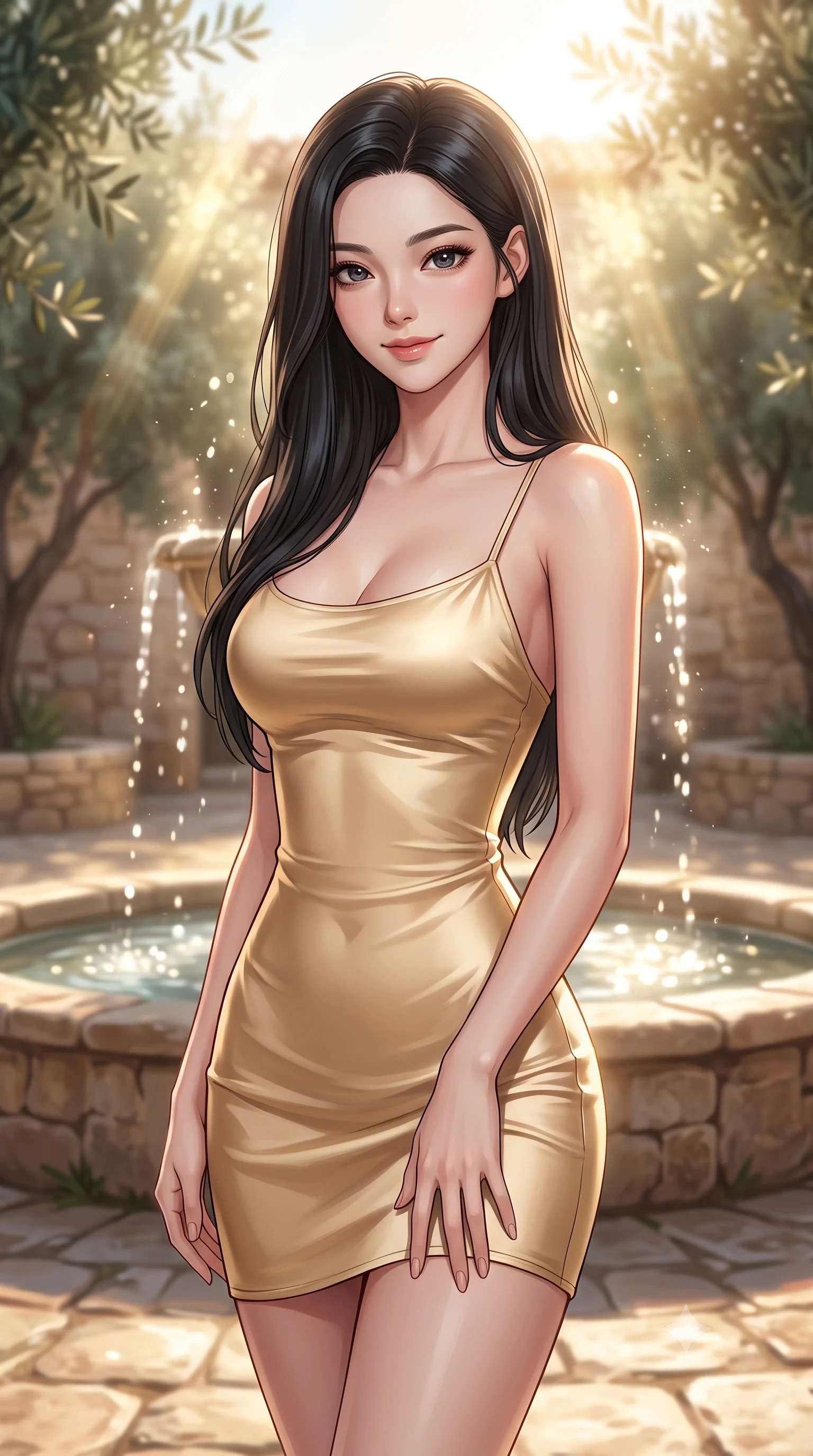 score_9, masterpiece, best quality, ultra-detailed, high-budget anime keyframe, editorial fashion photography, tasteful artistic composition, Korean woman woman. close-up cowboy shot from the waist and thighs up, the character dominates the composition, filling the frame with her large presence, background elements kept in soft focus. tilting her head slightly with a gentle, friendly smile under the warm sun the background shows a soft-focus a stone courtyard with a central water fountain trickling softly, surrounded by olive trees. She has an exceptionally elegant, slender, and willowy female figure with an ultra-slim waist, a gracefully sculpted slender torso, and a refined silhouette. sharp v-shaped jawline, high-bridge nose, intricate jewel-like eyes with depth, thick eyelashes, glossy lips with a natural sheen. wearing a body-hugging form-fitting slip dress in soft gold satin, tracing her willowy silhouette. dazzling sunbeams refracting through the water droplets. 2k, ultra detail, master piece, 9:16 ratio
