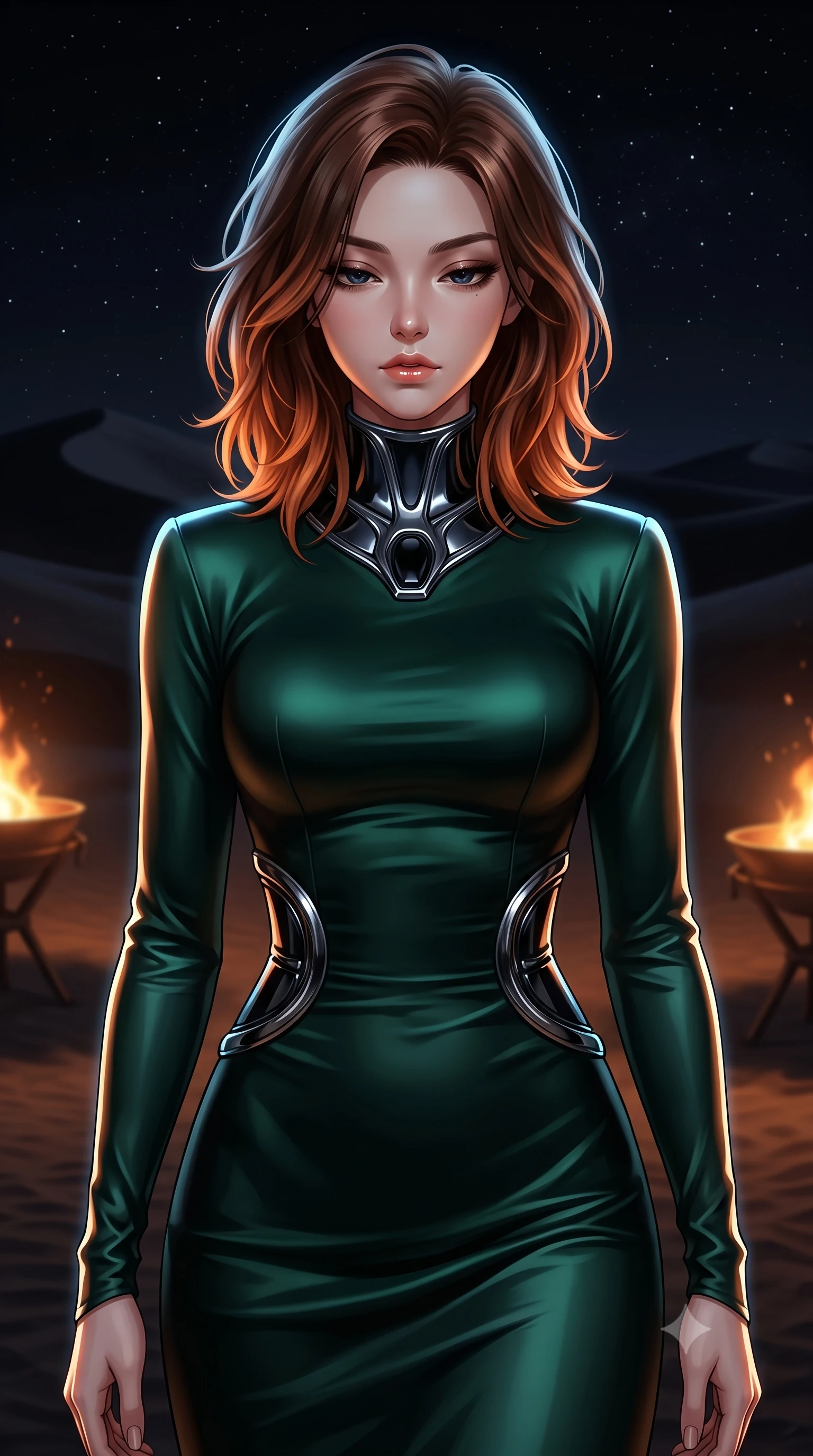 score_9, masterpiece, best quality, ultra-detailed, high-budget anime keyframe, editorial fashion photography, tasteful artistic composition, Korean woman. close-up cowboy shot from the waist and thighs up, the character dominates the composition, filling the frame with her large presence, background elements kept in soft focus. Looking down with lowered lashes and a composed, powerful dark aura, looking back with a magnetic gaze as bronze braziers cast warm rim rays, dark desert sand dunes stretching silently into a pitch-black starry sky. She has an exceptionally elegant, slender, and willowy female figure with an ultra-slim waist, a gracefully sculpted slender torso, and a refined silhouette. sharp v-shaped jawline, high-bridge nose, intricate jewel-like eyes with depth, thick eyelashes, glossy lips with a natural sheen. wearing long-sleeved dark emerald satin gown with high structured collar in pitch-black onyx, made of sculpted obsidian metallic chrome, accented with sculpted obsidian chrome rings at the waist, sculpting her athletic slender build with refined precision. surrounded by a warm atmospheric glow with sharp rim highlights. highly saturated vibrant anime colors, detailed shading with soft gradients, rich glossy textures, high-contrast stereoscopic depth, volumetric dynamic lighting, master piece, 9:16 ratio