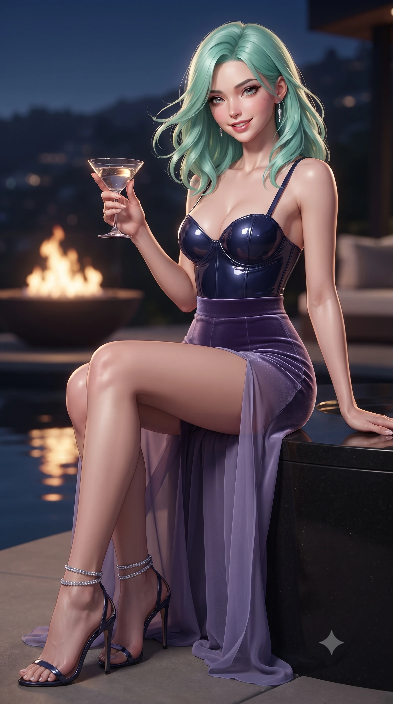 score_9, masterpiece, best quality, ultra-detailed, high-budget anime keyframe, editorial fashion photography, tasteful artistic composition, Japanese woman. close-up cowboy shot from the waist and thighs up, the character dominates the composition, filling the frame with her large presence. turning slowly with an enchanting smoldering smile, her glossy hair tossing in the breeze as her hips angle gracefully in a captivating contrapposto while sitting perched on the black basalt pool rim with one knee drawn up, holding a martini glass with sovereign Hollywood poise. The background shows a soft-focus minimalist fire bowl flames softened in glamorous hillside nocturnal shallow focus. She has an exceptionally elegant, slender, and willowy female figure with an ultra-slim waist, flat toned midriff, narrow ribcage, and sculpted feminine hips creating an alluring, slim hourglass silhouette without bulk. sharp v-shaped jawline, high-bridge nose, sparkling eyes with hypnotic seductive depth, thick curled eyelashes, glossy parted lips with a natural dewy peach sheen, alluring bedroom-eyes with an enchanting coquettish smile, exuding magnetic siren charisma and sophisticated glamour, flawlessly proportioned anatomical accuracy, strict slender model proportions, natural body alignment, perfectly sculpted long slender limbs, ultra-slim waistline, clean dynamic posture without body distortion. wearing a wet-look form-fitting vinyl bustier paired with sheer chiffon high-slit wide-leg trousers in twilight lavender and midnight indigo, tailored from ultra-plush velvet with rich tactile depth and deep shadow gradients, complemented by strappy stiletto sandals with crystal ankle wraps accentuating her slender calves, the second-skin tailored fabric adhering flawlessly to her sculpted flat midriff and slender torso, emphasizing her long leg lines and perfectly proportioned willowy build. bathed in warm 2800K glasshouse interior downlighting paired with vast upward city grid light fill. ultra-reflective glossy finish, specular highlights, rich textural contrasts, high-contrast stereoscopic depth, volumetric dynamic lighting, 2k, ultra detail, master piece, 9:16 ratio