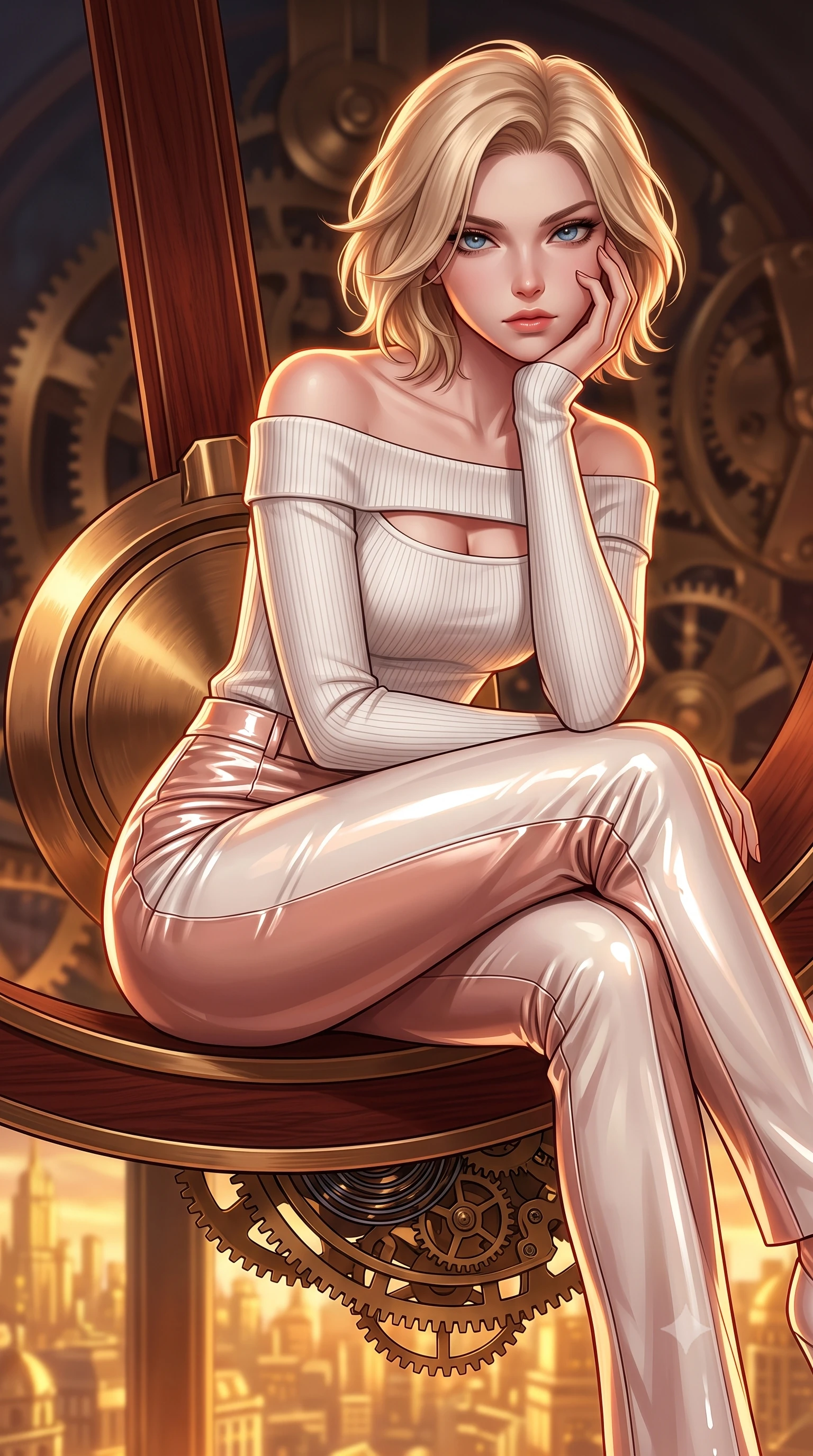 score_9, masterpiece, best quality, ultra-detailed, high-budget anime keyframe, editorial fashion photography, tasteful artistic composition, Caucasian woman. close-up cowboy shot from the waist and thighs up, the character dominates the composition, filling the frame with her large presence, background elements kept in soft focus. Resting her chin on the backs of her fingers, casting a sharp, mysterious gaze poised on a massive mechanical clock pendulum swinging over a golden city, rich mahogany and polished bronze textures reflecting warm hearth light. She has an exceptionally elegant, slender, and willowy female figure with an ultra-slim waist, a gracefully sculpted slender torso, and a refined silhouette. sharp v-shaped jawline, high-bridge nose, intricate jewel-like eyes with depth, thick eyelashes, glossy lips with a natural sheen. wearing a sleek off-shoulder ribbed knit top paired with high-waist tailored pants in pearl white and rose gold, tailored from high-gloss patent leather, accented with a Tasteful chest slit framing her clavicle gracefully, the glove-like fit emphasizing her statuesque silhouette. surrounded by warm hearth light and dramatic bronze rim highlights. highly saturated vibrant anime colors, detailed shading with soft gradients, rich glossy textures, high-contrast stereoscopic depth, volumetric dynamic lighting, master piece, 9:16 ratio