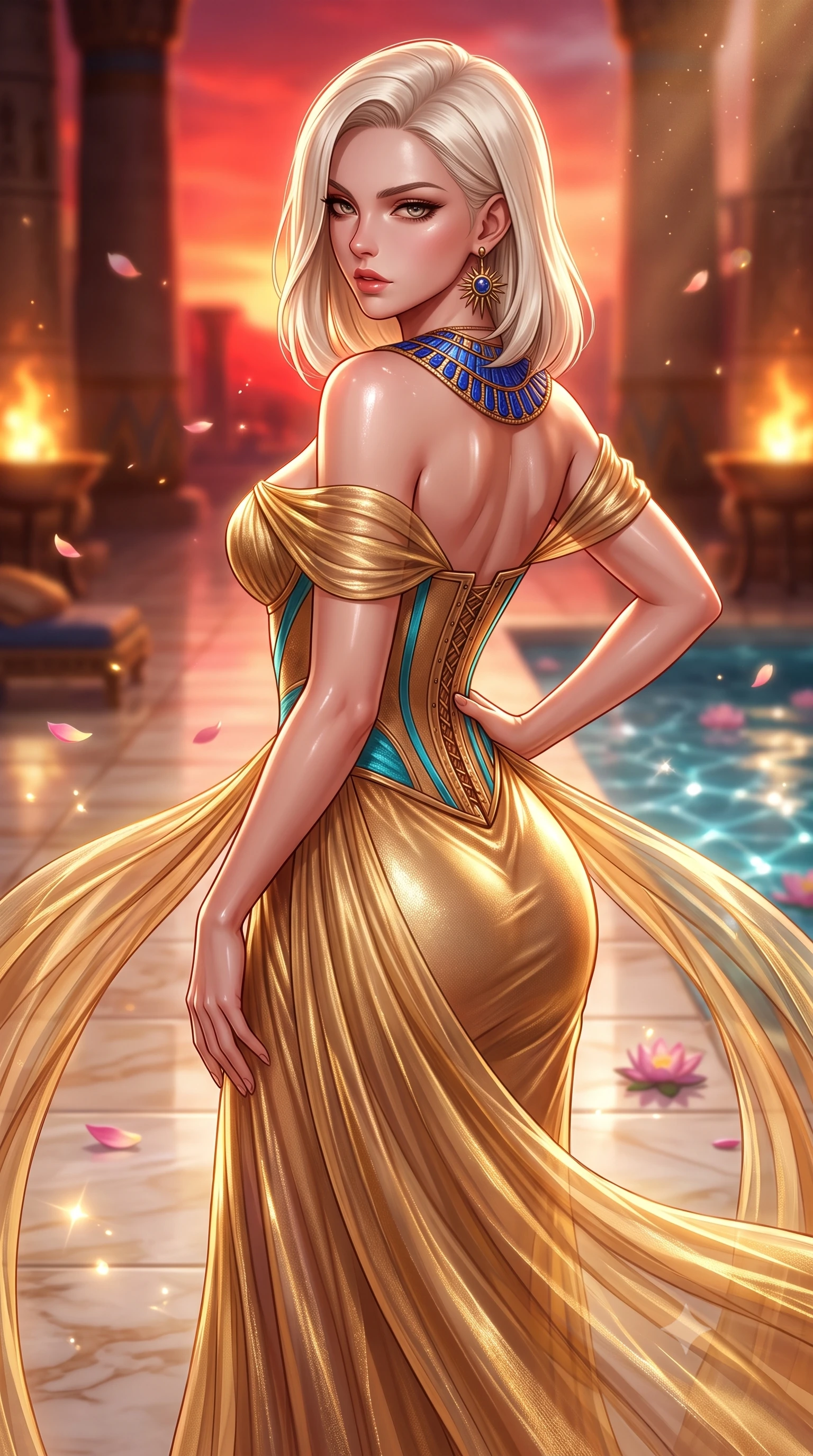 score_9, masterpiece, best quality, ultra-detailed, high-budget anime keyframe, semi-realistic 3D game render, editorial fashion photography, tasteful artistic composition, Caucasian woman. close-up cowboy shot from the waist and thighs up, the character dominates the composition, filling the frame with her large presence. posing in an alluring rear three-quarter angle, arching her lower back in a pronounced S-curve with one hand on her hip, glancing seductively over her bare shoulder with parted glossy lips while pivoting gracefully on the polished alabaster temple floor, her sheer pleated gold drapery swirling around her statuesque hips and long legs. The composition keeps background elements in soft focus with creamy bokeh. sparkling pool caustics and floating lotus petals scattering radiant sunlight motes across the sanctuary. She has an exceptionally elegant, slender, and willowy female figure with an ultra-slim waist, a gracefully sculpted slender torso, toned flat midriff, and rounded feminine hips creating an alluring hourglass silhouette. sharp v-shaped jawline, high-bridge nose, intricate jewel-like eyes with depth, thick eyelashes, glossy parted lips with a natural sheen, intensely captivating and seductive bedroom-eyes expression, flawlessly proportioned anatomical accuracy, strict slender model proportions, natural body alignment, perfectly sculpted long slender limbs, ultra-slim waistline, clean dynamic posture without body distortion. wearing a statuesque off-shoulder gold lamé gown with a boned corset bodice and bodycon silhouette in desert sand bronze and radiant turquoise, woven from gossamer silk organza with subtle metallic gold threads, complemented by a broad lapis lazuli collar necklace and sunburst earrings, the liquid-tight tailored fabric clinging flawlessly to her narrow waist and rounded feminine hips, emphasizing every millimeter of her sculpted hourglass curves during movement. bathed in blazing crimson sunset backlighting and warm amber brazier fire uplights. highly saturated vibrant anime colors, detailed shading with soft gradients, rich glossy textures, high-contrast stereoscopic depth, volumetric dynamic lighting, master piece, 9:16 ratio