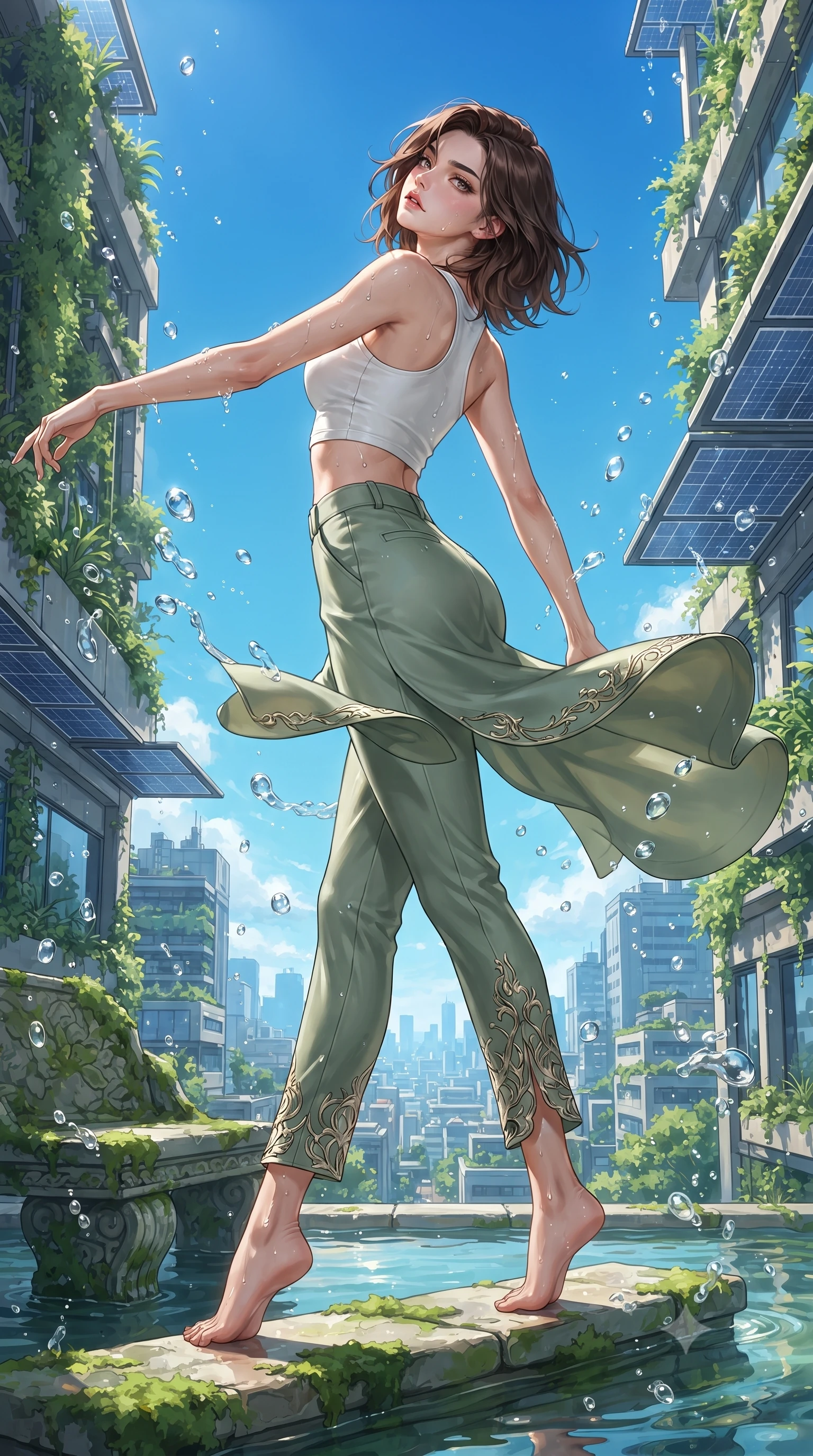 score_9, masterpiece, best quality, ultra-detailed, high-budget anime keyframe, editorial fashion photography, tasteful artistic composition, Korean woman. low angle full-body shot from head to toe showing her feet, filling the entire 9:16 vertical frame with her statuesque presence, stretching her vertical silhouette. executing an elegant mid-motion turn as garments swirl around her slender limbs, glancing over her shoulder with smoldering allure while resting on a submerged stone bench as warm water caresses her waist, head tilted back toward the open azure sky. The surrounding environment is rendered in vivid detail and crisp panoramic clarity. detailed sky-high metropolis greenery, architectural solar panels, and water droplets in high clarity. She has an absolutely perfect, statuesque 8.5-heads proportion, an exceptionally tall and slender model-like female figure with impossibly long slender legs, a toned flat midriff, and an ultra-slim waist. sharp v-shaped jawline, high-bridge nose, intricate jewel-like eyes with depth, thick eyelashes, glossy parted lips with a natural sheen, intensely captivating and seductive expression, flawlessly proportioned anatomical accuracy, strict slender model proportions, natural body alignment, perfectly sculpted long slender limbs, ultra-slim waistline, clean dynamic posture without body distortion. wearing an aerodynamic eco-chic racerback crop tank with high-waisted white utility trousers in pure alabaster white and fresh sage green, made of liquid bamboo jersey adhering seamlessly to her slender frame, finished with organic vine-inspired metallic embroidery along the hem, the lightweight liquid-knit fabric adhering like a second skin to her slender frame, highlighting her effortless sun-kissed charm. illuminated by wet specular highlights accentuating her collarbones, waistline, and slender curves. ultra-reflective glossy finish, specular highlights, rich textural contrasts, high-contrast stereoscopic depth, volumetric dynamic lighting, 2k, ultra detail, master piece, 9:16 ratio