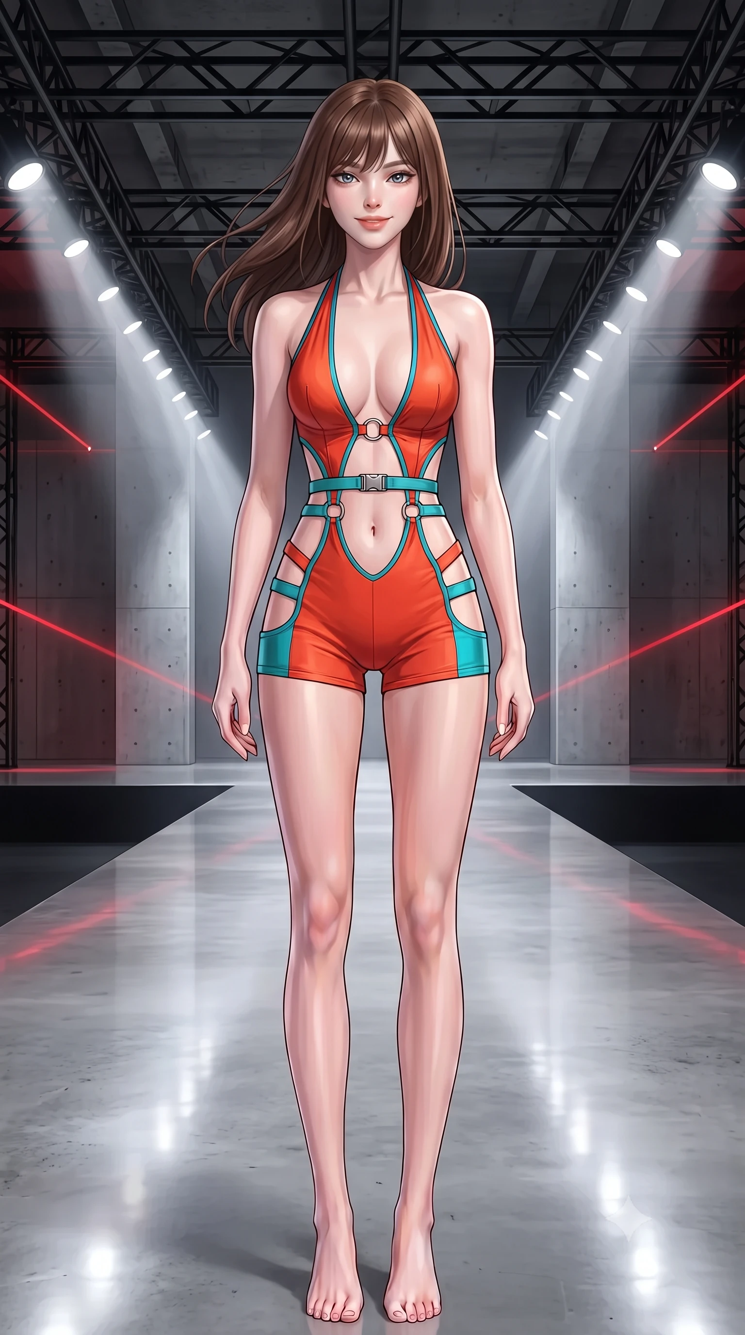 score_9, masterpiece, best quality, ultra-detailed, high-budget anime keyframe, editorial fashion photography, tasteful artistic composition, Korean woman. close-up cowboy shot from the waist and thighs up, the character dominates the composition, filling the frame with her large presence. turning slowly with an enchanting smoldering smile, her glossy hair tossing in the breeze as her hips angle gracefully in a captivating contrapposto while standing poised at the center of the mirror-finished concrete runway beneath exposed black steel trusses, arching her spine with commanding haute-couture charisma. The surrounding environment is rendered in vivid detail and crisp panoramic clarity: detailed garment construction, tactile fabric weave, and contemporary brutalist industrial space in high resolution. She has an exceptionally elegant, slender, and willowy female figure with an ultra-slim waist, flat toned midriff, narrow ribcage, and sculpted feminine hips creating an alluring, slim hourglass silhouette without bulk. sharp v-shaped jawline, high-bridge nose, intricate jewel-like sparkling eyes with depth, thick eyelashes, glossy parted lips with a natural peach sheen, bright cheerful beaming smile with an enchanting and coquettish sensual glint, exuding both youthful cute charm and seductive allure, flawlessly proportioned anatomical accuracy, strict slender model proportions, natural body alignment, perfectly sculpted long slender limbs, ultra-slim waistline, clean dynamic posture without body distortion. wearing a daring low-cut halterneck romper with exposed midriff and strappy hip cutouts in cyber-shinto vermilion and electric teal, adorned with delicate chrome ring hardware and cutouts along her slender waist, finished with sleek magnetic buckle closures fluttering in the breeze, the glove-like clinging cut tightly following the natural contour of her hips and long slender legs with youthful 8.5-heads elegance. bathed in high-contrast crisp white 5000K runway spotlights contrasted with subtle red ambient laser ribbons. ultra-reflective glossy finish, specular highlights, rich textural contrasts, high-contrast stereoscopic depth, volumetric dynamic lighting, 2k, ultra detail, master piece, 9:16 ratio