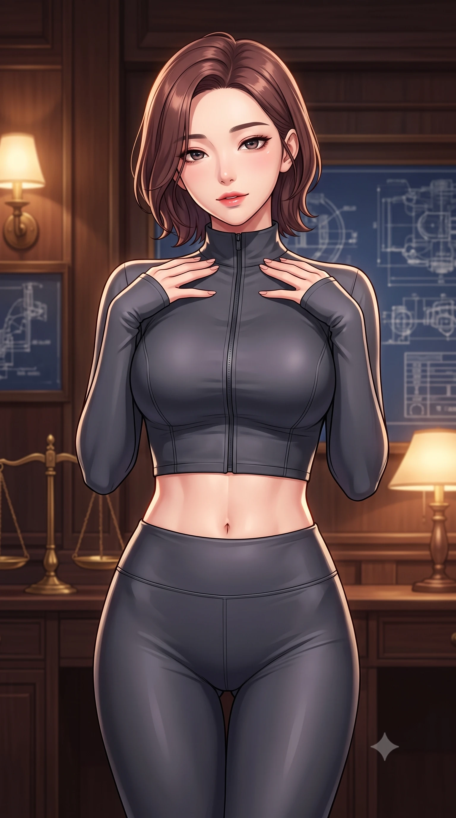 score_9, masterpiece, best quality, ultra-detailed, high-budget anime keyframe, editorial fashion photography, tasteful artistic composition, Korean woman. close-up cowboy shot from the waist and thighs up, the character dominates the composition, filling the frame with her large presence, background elements kept in soft focus. standing in a relaxed, elegant posture with both hands resting lightly on her collarbone, looking at the viewer with bedroom-eyes, the background shows a soft-focus a engine library room with wood panels, brass scales, and technical blue prints. She has an exceptionally elegant, slender, and willowy female figure with an ultra-slim waist, a gracefully sculpted slender torso, and a refined silhouette. sharp v-shaped jawline, high-bridge nose, intricate jewel-like eyes with depth, thick eyelashes, glossy lips with a natural sheen. wearing a body-hugging body-hugging high-neck activewear set of a zipped long-sleeve crop top and matching leggings in carbon-grey. soft warm glow from reading lamps creating a quiet and meditative mood. highly saturated vibrant anime colors, detailed shading with soft gradients, rich glossy textures, high-contrast stereoscopic depth, volumetric dynamic lighting, master piece, 9:16 ratio