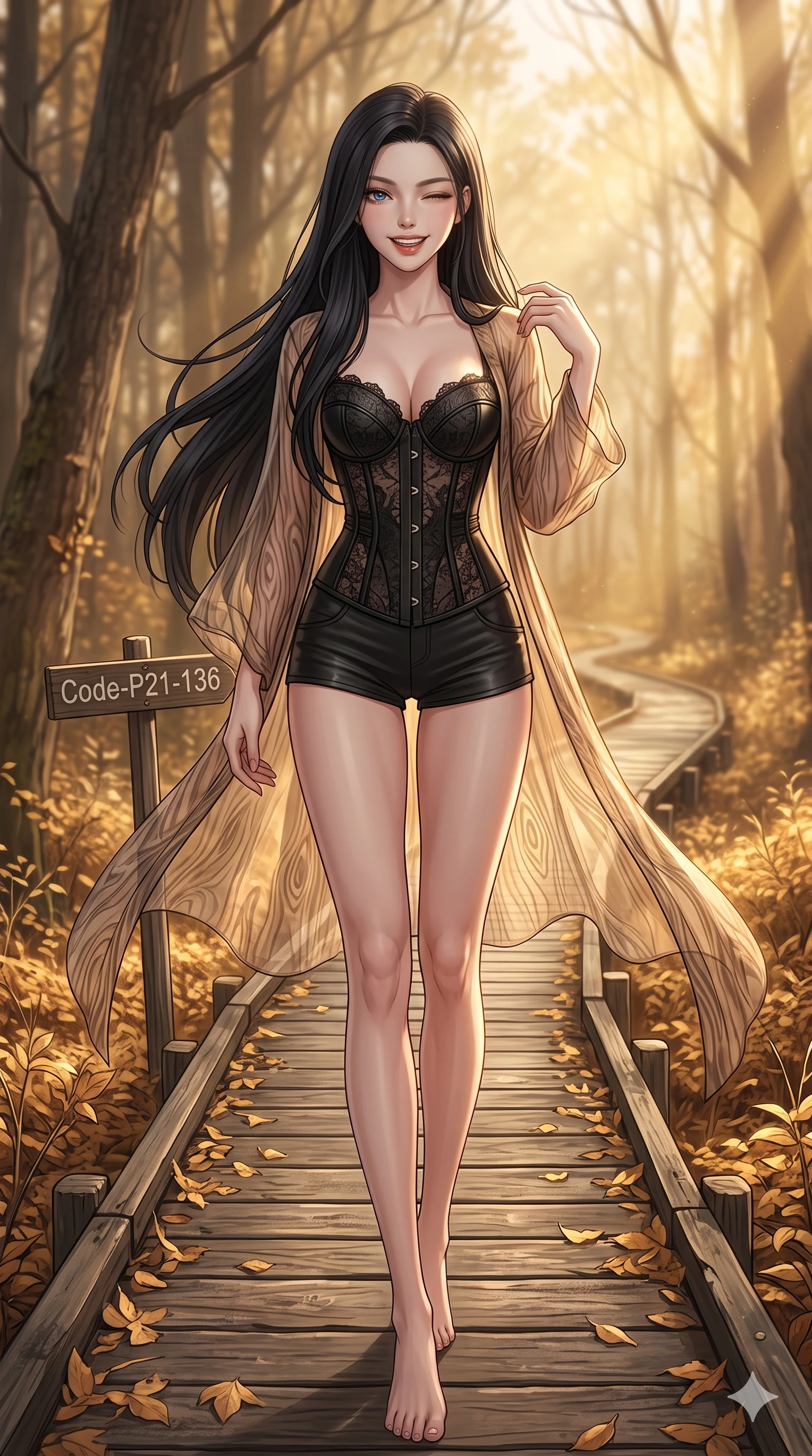 score_9, masterpiece, best quality, ultra-detailed, high-budget anime keyframe, vibrant anime aesthetic, Korean woman. cowboy shot from the thighs up, character and outfit filling the frame for maximum presence. She is standing tall with a lively winter grin, winking playfully at the camera lens on a wooden boardwalk winding through golden leaves (Code-P21-136). She has an absolutely perfect 8-heads proportion, an exceptionally tall and slender female figure with impossibly long slender legs and an ultra-slim waist. V-shaped jawline, high-bridge nose, intricate jewel-like eyes with depth, thick eyelashes, glossy lips with a natural sheen. wearing a sheer chiffon resort robe over a structured black corset and micro-shorts in winter. She is bathed in soft sun-kissed golden rays, creating beautiful highlights and shadows in winter. 2k, ultra detail, master piece, 9:16 ratio