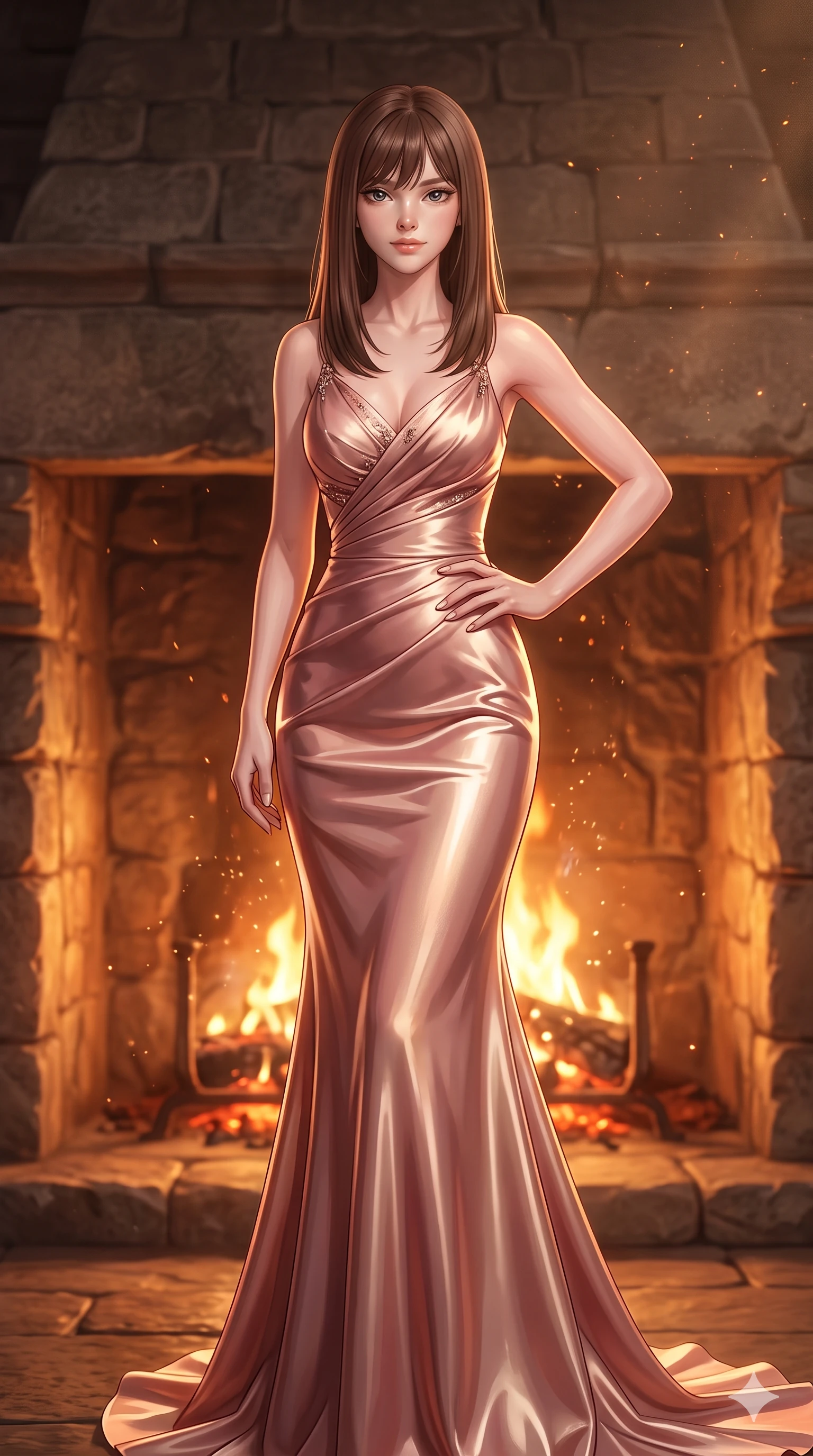 score_9, masterpiece, best quality, ultra-detailed, high-budget anime keyframe, semi-realistic 3D game render, editorial fashion photography, tasteful artistic composition, Korean woman. close-up cowboy shot from the waist and thighs up, the character dominates the composition, filling the frame with her large presence. resting one manicured hand delicately on her hip bone, her upper body turning in a fluid, seductive S-curve while parted lips glisten in the light while twisting her slender torso in an alluring contrapposto stance, flickering amber firelight wrapping around her flat midriff and hourglass curves. The surrounding environment is rendered in vivid detail and crisp panoramic clarity: sharp rough-hewn stone fireplace masonry, glowing embers and flame tongues, and carved medieval timber details in deep focus. She has an exceptionally elegant, slender, and willowy female figure with an ultra-slim waist, flat toned midriff, narrow ribcage, and sculpted feminine hips creating an alluring, slim hourglass silhouette without bulk. sharp v-shaped jawline, high-bridge nose, intricate jewel-like eyes with depth, thick eyelashes, glossy parted lips with a natural sheen, intensely captivating and seductive bedroom-eyes expression, flawlessly proportioned anatomical accuracy, strict slender model proportions, natural body alignment, perfectly sculpted long slender limbs, ultra-slim waistline, clean dynamic posture without body distortion. wearing a sculptured liquid-satin mermaid gown with an architectural open-waist cutout and bare spine descending to the tailbone in dusky blush rose and champagne shimmer, made of sheer gossamer chiffon that drapes softly against skin with airy translucence, finished with an ultra-high side slit secured by miniature jeweled clasps, the second-skin form-contouring cut accentuating her sculpted flat midriff, narrow delicate ribcage, and gracefully curvy hips with supermodel precision. highly saturated vibrant anime colors, detailed shading with soft gradients, rich glossy textures, master piece, 9:16 ratio. highly saturated vibrant anime colors, detailed shading with soft gradients, rich glossy textures, high-contrast stereoscopic depth, volumetric dynamic lighting, master piece, 9:16 ratio