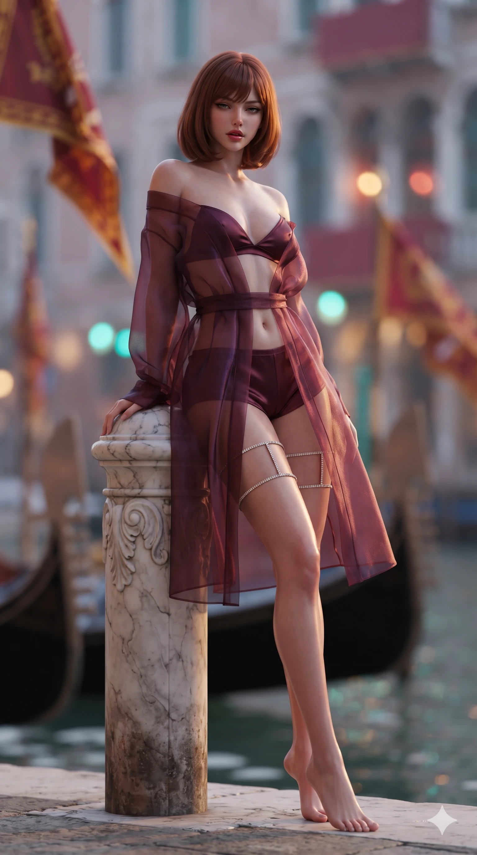 score_9, masterpiece, best quality, ultra-detailed, high-budget anime keyframe, editorial fashion photography, tasteful artistic composition, Caucasian woman. low angle full-body shot from head to toe showing her feet, filling the entire 9:16 vertical frame with her statuesque presence, stretching her vertical silhouette. stepping slowly toward the camera with hypnotic grace, hips swaying in an alluring sensual rhythm that accentuates her curvy hourglass silhouette and long slender legs while leaning against the carved marble mooring bollard with hips cocked back, looking through morning canal mist with heavy-lidded seductive bedroom-eyes. The background shows a soft-focus fluttering crimson and gold regatta pennants, carved wooden gondola bows, and distant Venetian palazzo arches blurred into crimson, gold, and turquoise bokeh. She has an exceptionally tall and slender model-like 8.5-heads proportion, an ultra-slim waist, a flat toned midriff, narrow delicate ribcage, and beautifully sculpted feminine hips creating a graceful, slim hourglass silhouette without any bulky heaviness, with impossibly long slender legs. sharp v-shaped jawline, high-bridge nose, intricate jewel-like sparkling eyes with depth, thick eyelashes, glossy parted lips with a natural sheen, intensely captivating and seductive bedroom-eyes expression, exuding both youthful cute charm and sovereign luxury allure, flawlessly proportioned anatomical accuracy, strict slender model proportions, natural body alignment, perfectly sculpted long slender limbs, ultra-slim waistline, clean dynamic posture without body distortion. wearing a translucent iridescent organza kimono robe slipping off bare shoulders over a matching satin micro-bralette and micro-shorts in deep wine burgundy and brushed dark platinum, made of sheer gossamer chiffon that drapes softly against skin with airy translucence, finished with delicate crystal-encrusted thigh garter straps glinting in the dim light, the form-contouring material adhering flawlessly to her sculpted flat midriff and slender torso, emphasizing her long leg lines and perfectly proportioned willowy build. illuminated by water surface bounce and sharp golden-amber rim lights sculpting her razor-sharp jawline, narrow waist, and curvy hips. ultra-reflective glossy finish, specular highlights, rich textural contrasts, high-contrast stereoscopic depth, volumetric dynamic lighting, 2k, ultra detail, master piece, 9:16 ratio