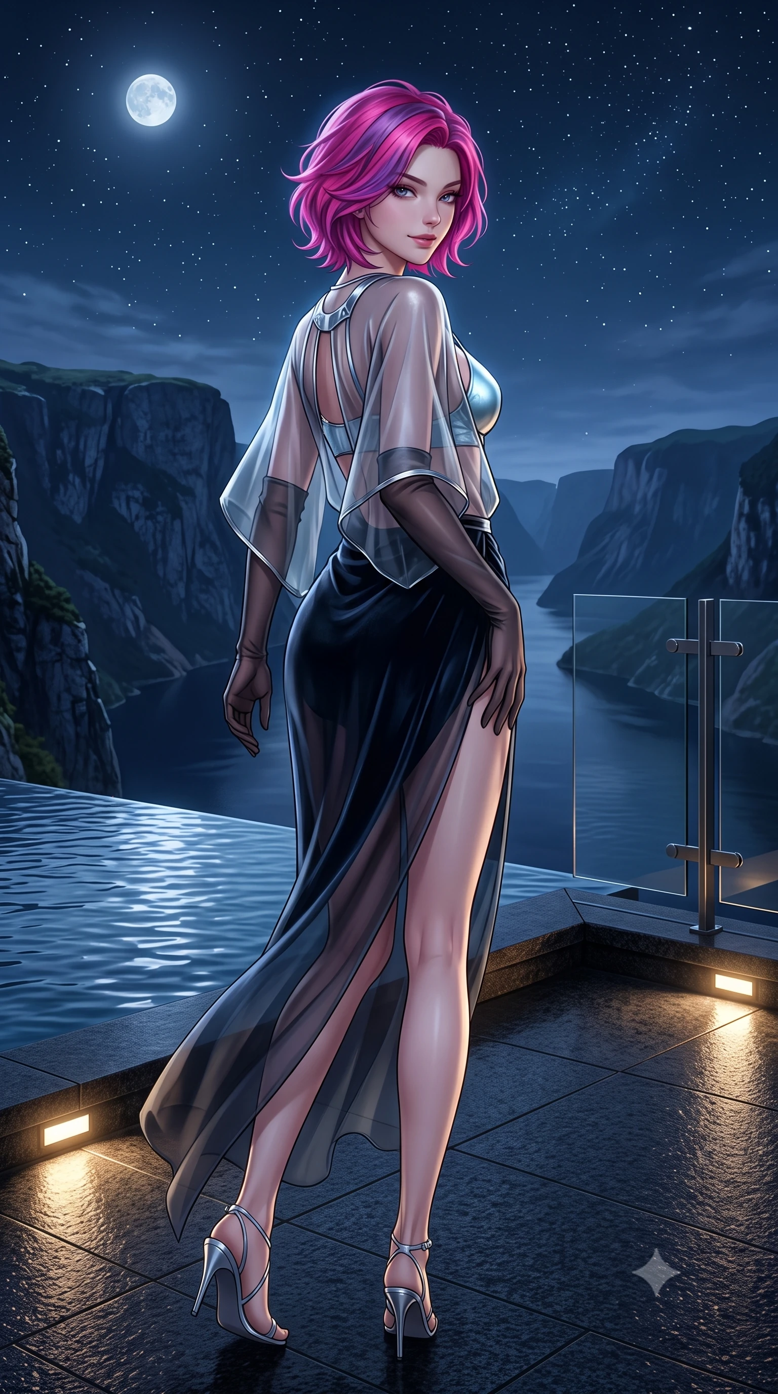 score_9, masterpiece, best quality, ultra-detailed, high-budget anime keyframe, semi-realistic 3D game render, editorial fashion photography, tasteful artistic composition, Caucasian woman. low angle full-body shot from head to toe showing her feet, filling the entire 9:16 vertical frame with her statuesque presence, stretching her vertical silhouette. walking along the terrace with poise, looking back over her bare shoulder with an irresistible smoldering bedroom-gaze while standing poised at the edge of the dark granite infinity edge jutting over the sheer fjord cliff, arching her back with high-fashion ease. The surrounding environment is rendered in vivid detail and crisp panoramic clarity: sharp honed black granite stone veining, water surface tension meniscus, and precision glass railing hardware in deep focus. She has an exceptionally tall and slender model-like 8.5-heads proportion, an ultra-slim waist, a flat toned midriff, narrow delicate ribcage, and beautifully sculpted feminine hips creating a graceful, slim hourglass silhouette without any bulky heaviness, with impossibly long slender legs. sharp v-shaped jawline, high-bridge nose, intricate jewel-like sparkling eyes with depth, thick eyelashes, glossy parted lips with a natural peach sheen, bright cheerful beaming smile with an enchanting and coquettish sensual glint, exuding both youthful cute charm and seductive allure, flawlessly proportioned anatomical accuracy, strict slender model proportions, natural body alignment, perfectly sculpted long slender limbs, ultra-slim waistline, clean dynamic posture without body distortion. wearing a delicate sheer organza futuristic caftan with metallic chrome accents worn open over a micro liquid-metal bralette in Tromsø icy arctic blue and frosted platinum, tailored from ultra-plush silk velvet with rich tactile depth and deep shadow gradients, complemented by sheer opera-length evening gloves tracing her slender arms, the glove-like clinging cut tightly following the natural contour of her hips and long slender legs with youthful 8.5-heads elegance. bathed in cool moonlight and starlight balanced with warm 2700K architectural recessed ledge downlights. highly saturated vibrant anime colors, detailed shading with soft gradients, rich glossy textures, high-contrast stereoscopic depth, volumetric dynamic lighting, master piece, 9:16 ratio