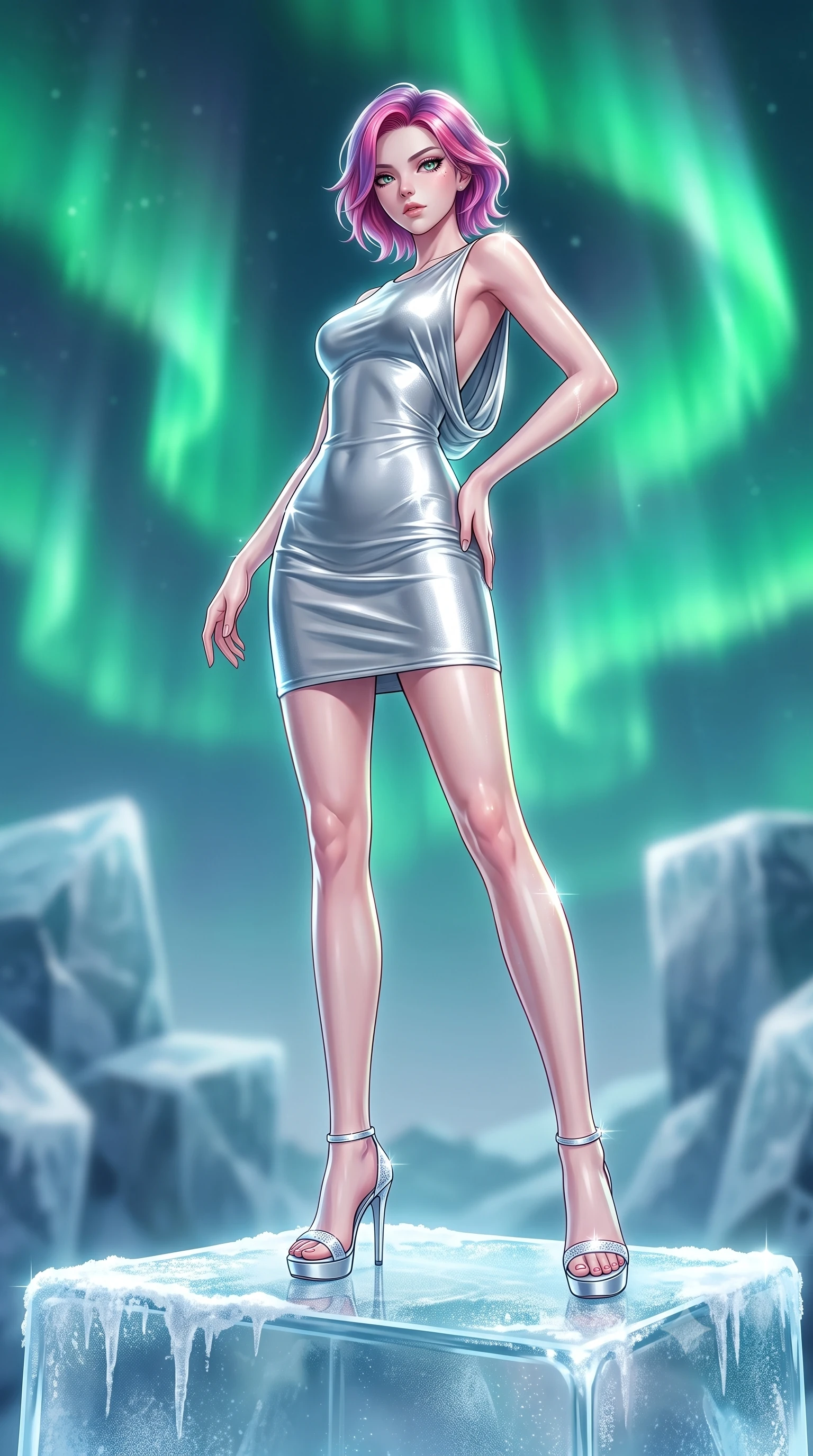 score_9, masterpiece, best quality, ultra-detailed, high-budget anime keyframe, editorial fashion photography, tasteful artistic composition, Caucasian woman. low angle full-body shot from head to toe showing her feet, filling the entire 9:16 vertical frame with her statuesque presence, stretching her vertical silhouette. navigating the luminous space with effortless poise, displaying her perfect model proportions poised atop a frost-covered pedestal under a dancing green aurora sky, frosty condensation on surfaces catching brilliant rim lighting. She has an absolutely perfect, statuesque 8.5-heads proportion, an exceptionally tall and slender model-like female figure with impossibly long slender legs and an ultra-slim waist. sharp v-shaped jawline, high-bridge nose, intricate jewel-like eyes with depth, thick eyelashes, glossy lips with a natural sheen. wearing a precision-fitted liquid silver jersey bodycon dress with a graceful draped back, the form-contouring material highlighting her ultra-slim waist and long lines. surrounded by a crisp, high-contrast glow with ultra-bright specular highlights. highly saturated vibrant anime colors, detailed shading with soft gradients, rich glossy textures, high-contrast stereoscopic depth, volumetric dynamic lighting, master piece, 9:16 ratio