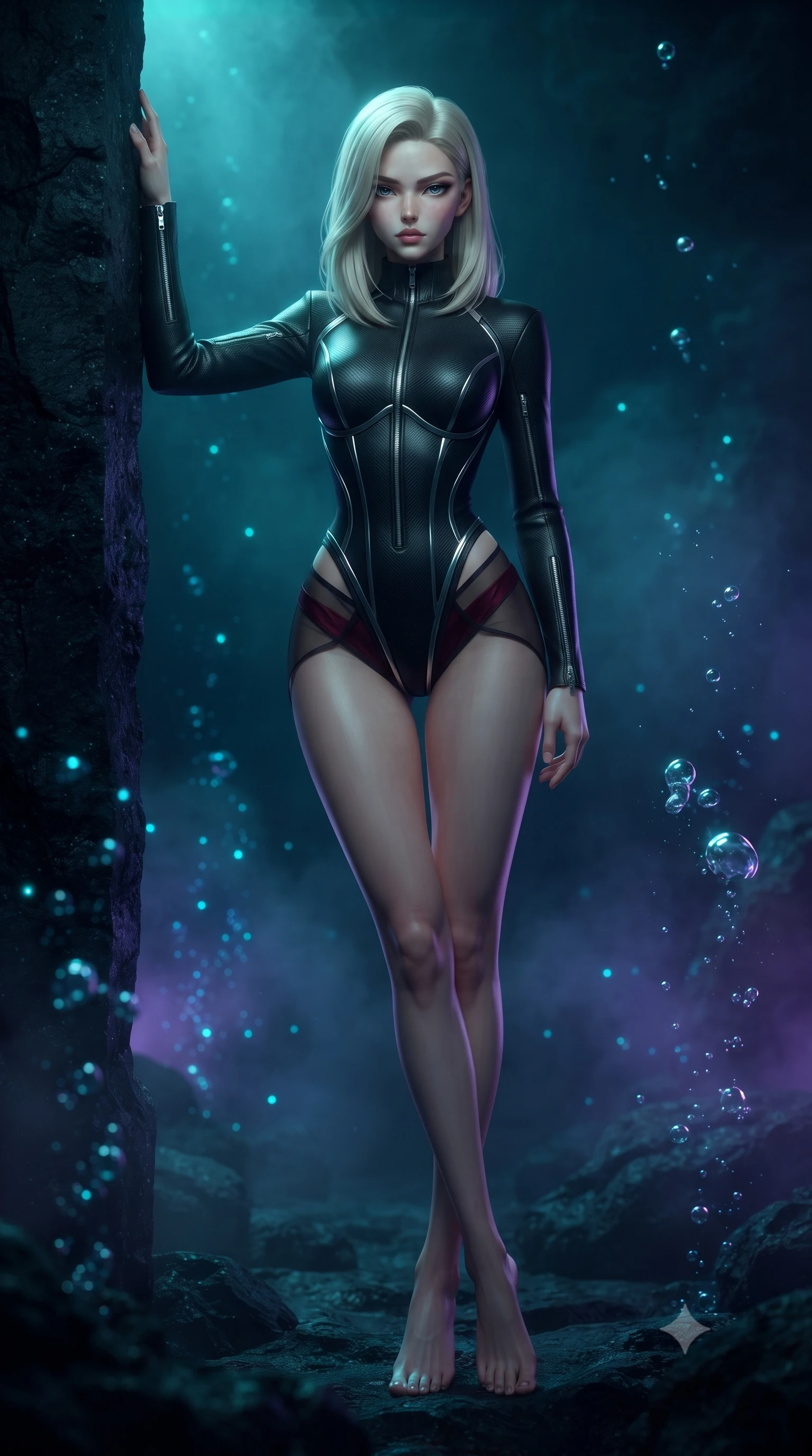 score_9, masterpiece, best quality, ultra-detailed, high-budget anime keyframe, editorial fashion photography, tasteful artistic composition, Caucasian woman. low angle full-body shot from head to toe showing her feet, filling the entire 9:16 vertical frame with her statuesque presence, stretching her vertical silhouette. forging confidently through the dark atmospheric mist, holding a poised statuesque stance, resting against a dark basalt pillar as deep blue underwater sparks drift by, rising deep-sea bubbles catching sharp pearl-white rim highlights. She has an absolutely perfect, statuesque 8.5-heads proportion, an exceptionally tall and slender model-like female figure with impossibly long slender legs and an ultra-slim waist. sharp v-shaped jawline, high-bridge nose, intricate jewel-like eyes with depth, thick eyelashes, glossy lips with a natural sheen. wearing sculpted structured cup bodysuit in matte black carbon-fiber with hip cutouts in deep crimson burgundy, made of sheer dark organza overlay, finished with metallic silver boning and sleek zipper points, the fitted fabric emphasizing her ultra-slim waist. illuminated by bioluminescent teal and violet deep-sea light against dark ocean void. highly saturated vibrant anime colors, detailed shading with soft gradients, rich glossy textures, high-contrast stereoscopic depth, volumetric dynamic lighting, master piece, 9:16 ratio