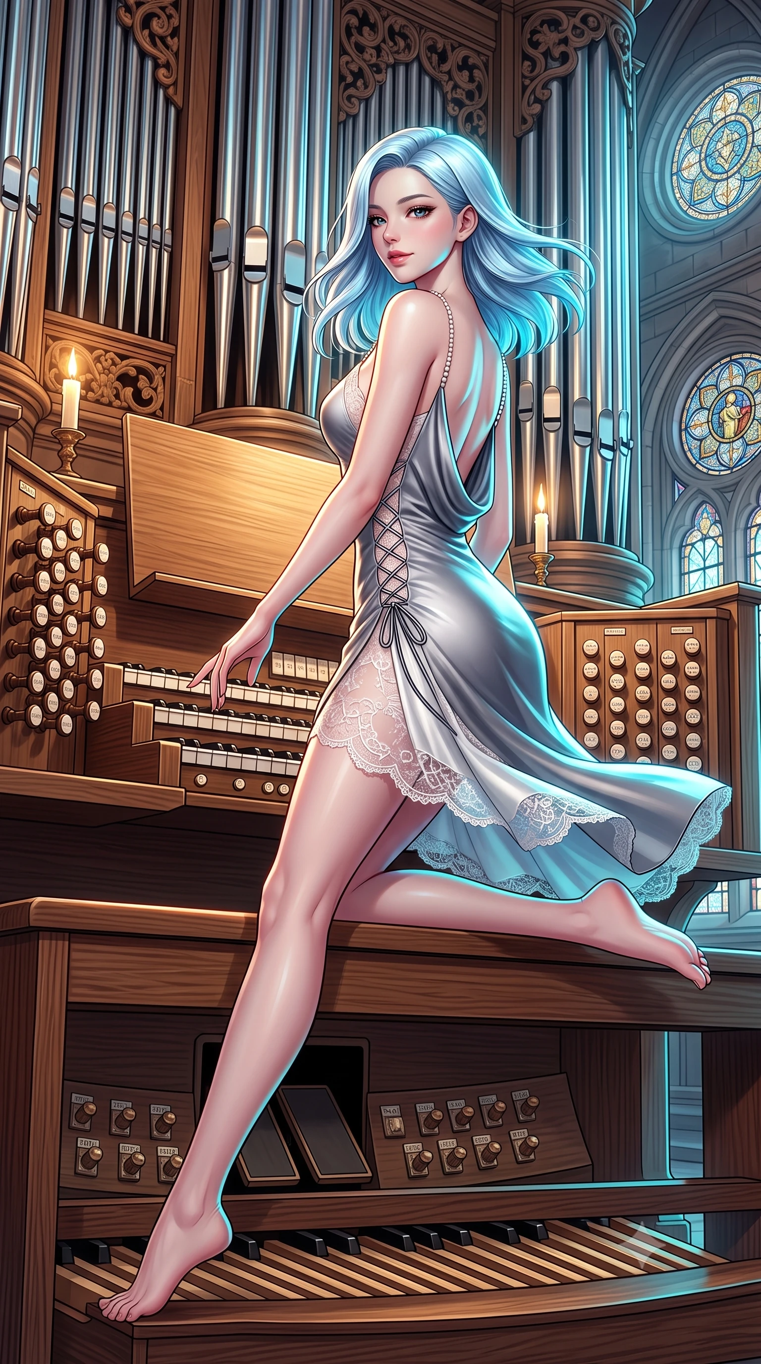 score_9, masterpiece, best quality, ultra-detailed, high-budget anime keyframe, semi-realistic 3D game render, editorial fashion photography, tasteful artistic composition, Korean woman. low angle full-body shot from head to toe showing her feet, filling the entire 9:16 vertical frame with her statuesque presence, stretching her vertical silhouette. executing a slow, graceful pivot turn as her skirt sways around her slender legs, glancing back with an enchanting, teasing sensual expression while perched sideways on the organ bench with legs extended, resting one hand on the ivory keys with effortless dark-romance cool. The surrounding environment is rendered in vivid detail and crisp panoramic clarity: sharp polished tin pipe reflections, carved oak organ stop knobs, and leaded stained-glass medallion clarity in deep focus. She has an absolutely perfect, statuesque 8.5-heads proportion, an exceptionally tall and slender model-like female figure with impossibly long slender legs, an ultra-slim waist, a flat toned midriff, narrow delicate ribcage, and beautifully sculpted feminine hips creating a graceful, slim hourglass silhouette without any bulky heaviness. sharp v-shaped jawline, high-bridge nose, sparkling eyes with hypnotic seductive depth, thick curled eyelashes, glossy parted lips with a natural dewy peach sheen, alluring bedroom-eyes with an enchanting coquettish smile, exuding magnetic siren charisma and sophisticated glamour, flawlessly proportioned anatomical accuracy, strict slender model proportions, natural body alignment, perfectly sculpted long slender limbs, ultra-slim waistline, clean dynamic posture without body distortion. wearing a low-cut draped cowl-back satin slip mini dress with dainty pearl spaghetti straps and hip-hugging silhouette in architectural titanium grey and pure milk white, made of delicate semi-sheer French Chantilly lace with intricate eyelash edges, finished with fine criss-cross lace-up side ties revealing tantalizing glimpses of her hip curve, the second-skin tailored fabric adhering flawlessly to her sculpted flat midriff and slender torso, emphasizing her long leg lines and perfectly proportioned willowy build. illuminated by tin pipe specular reflections and sharp electric-cyan rim lights sculpting her jawline, narrow waist, and curvy hips. highly saturated vibrant anime colors, detailed shading with soft gradients, rich glossy textures, high-contrast stereoscopic depth, volumetric dynamic lighting, master piece, 9:16 ratio