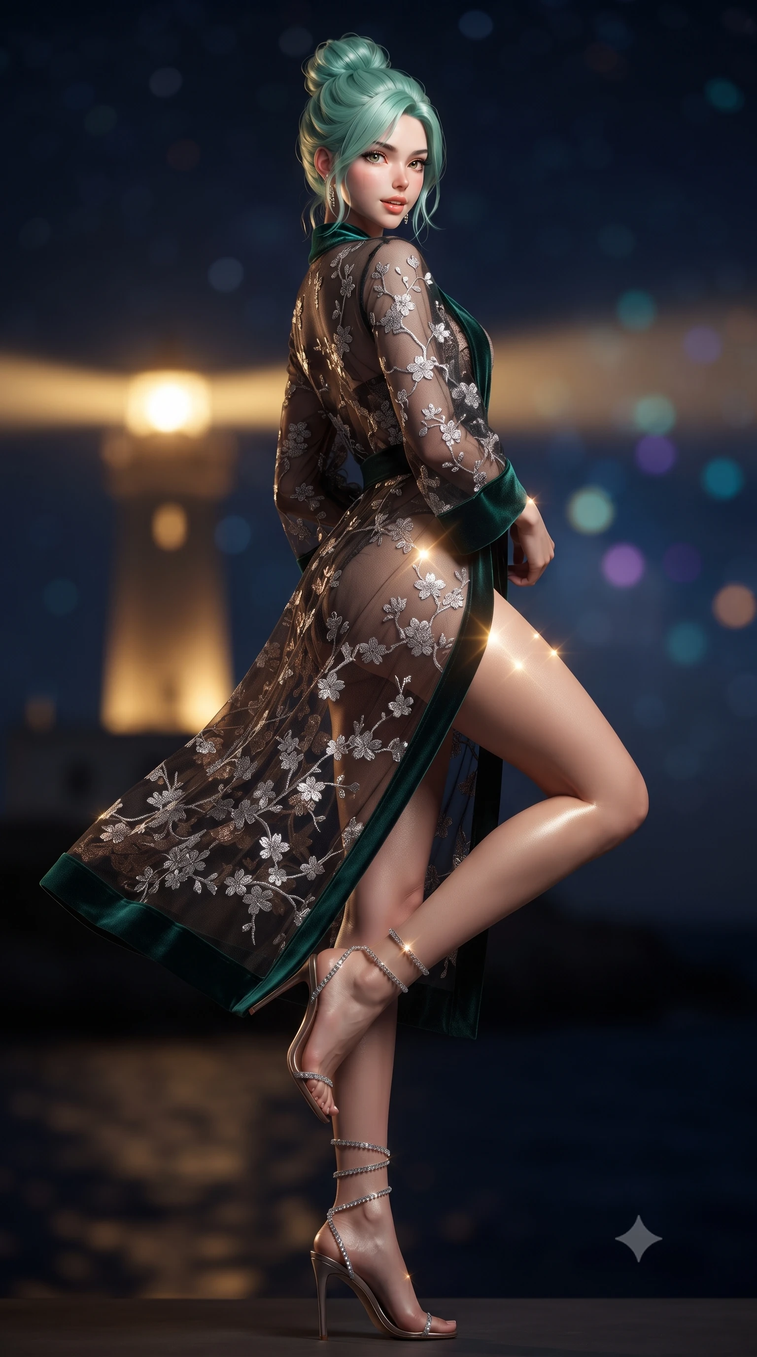 score_9, masterpiece, best quality, ultra-detailed, high-budget anime keyframe, editorial fashion photography, tasteful artistic composition, Japanese woman. low angle full-body shot from head to toe showing her feet, filling the entire 9:16 vertical frame with her statuesque presence, stretching her vertical silhouette. executing a slow, graceful pivot turn as her skirt sways around her slender legs, glancing back with an enchanting, teasing sensual expression while twisting her slender torso in an alluring S-curve, periodic sweeping lighthouse beams casting radiant flashes across her flat midriff and hips. The background shows a soft-focus sweeping golden beacon beam of Akrotiri lighthouse illuminating sea foam, distant southern Aegean horizons, and starry Milky Way blurred into amber, turquoise, and violet bokeh. She has an exceptionally tall and slender model-like 8.5-heads proportion, an ultra-slim waist, a flat toned midriff, narrow delicate ribcage, and beautifully sculpted feminine hips creating a graceful, slim hourglass silhouette without any bulky heaviness, with impossibly long slender legs. sharp v-shaped jawline, high-bridge nose, intricate jewel-like sparkling eyes with depth, thick eyelashes, glossy parted lips with a natural peach sheen, bright cheerful beaming smile with an enchanting and coquettish sensual glint, exuding both youthful cute charm and seductive allure, flawlessly proportioned anatomical accuracy, strict slender model proportions, natural body alignment, perfectly sculpted long slender limbs, ultra-slim waistline, clean dynamic posture without body distortion. wearing a provocative sheer noir illusion mesh kimono dress with embroidered silver cherry blossom motifs framing her curves in deep emerald velvet and shimmering bronze, made of delicate embroidered tulle lace with intricate floral motifs and soft transparency, complemented by strappy stiletto sandals with crystal ankle wraps accentuating her slender calves, the form-contouring silhouette accentuating her sculpted flat midriff, narrow delicate ribcage, and gracefully curvy hips with intoxicating allure. illuminated by sea spray specular highlights and sharp platinum-gold rim lights defining her jawline, narrow waist, and curvy hips. ultra-reflective glossy finish, specular highlights, rich textural contrasts, high-contrast stereoscopic depth, volumetric dynamic lighting, 2k, ultra detail, master piece, 9:16 ratio