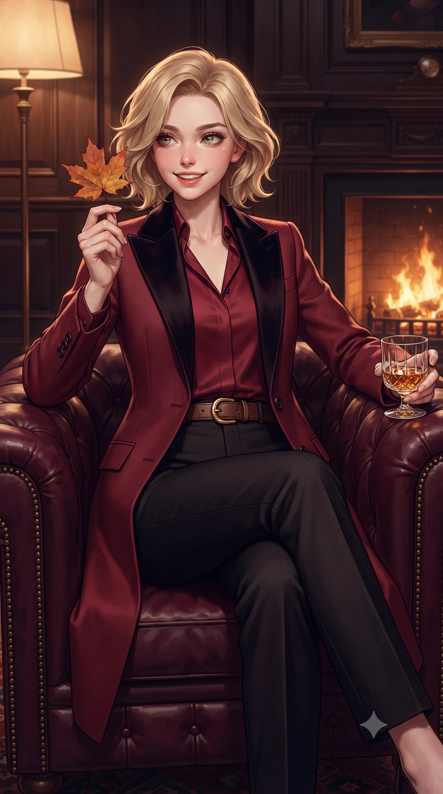 score_9, masterpiece, best quality, ultra-detailed, high-budget anime keyframe, editorial fashion photography, tasteful artistic composition, Caucasian woman. close-up cowboy shot from the waist and thighs up, the character dominates the composition, filling the frame with her large presence. holding a single autumn leaf delicately between manicured fingers, admiring it with a cheerful, parted-lip smile while relaxing comfortably in a deep tufted burgundy Chesterfield armchair with legs crossed, holding a crystal glass with a knowing smile. The surrounding environment is rendered in vivid detail and crisp panoramic clarity: detailed tailored velvet collar blazer weave, mother-of-pearl button sheen, and aristocratic London club craftsmanship in razor-sharp precision. She has an exceptionally elegant, slender, and willowy female figure with an ultra-slim waist, flat toned midriff, narrow ribcage, and sculpted feminine hips creating an alluring, slim hourglass silhouette without bulk. sharp v-shaped jawline, high-bridge nose, intricate jewel-like sparkling eyes with depth, thick eyelashes, glossy parted lips with a natural peach sheen, bright cheerful beaming smile with an enchanting and coquettish sensual glint, exuding both youthful cute charm and seductive allure, flawlessly proportioned anatomical accuracy, strict slender model proportions, natural body alignment, perfectly sculpted long slender limbs, ultra-slim waistline, clean dynamic posture without body distortion. wearing a stand-collar tailored linen-silk coat layered over a minimalist silk tunic and straight-leg pressed trousers in Kyoto autumn maple crimson and deep ink black, woven from fine Australian merino wool with a smooth fluid drape and subtle sheen, finished with a smooth equestrian bridle-leather belt with a polished brass horseshoe buckle, the sharp shoulder tailoring and gently nipped waist framing her slender torso with pristine sartorial perfection. bathed in the rich, dancing warm 2400K hearth glow from the roaring fireplace mixed with soft brass floor lamp pools. ultra-reflective glossy finish, specular highlights, rich textural contrasts, high-contrast stereoscopic depth, volumetric dynamic lighting, 2k, ultra detail, master piece, 9:16 ratio