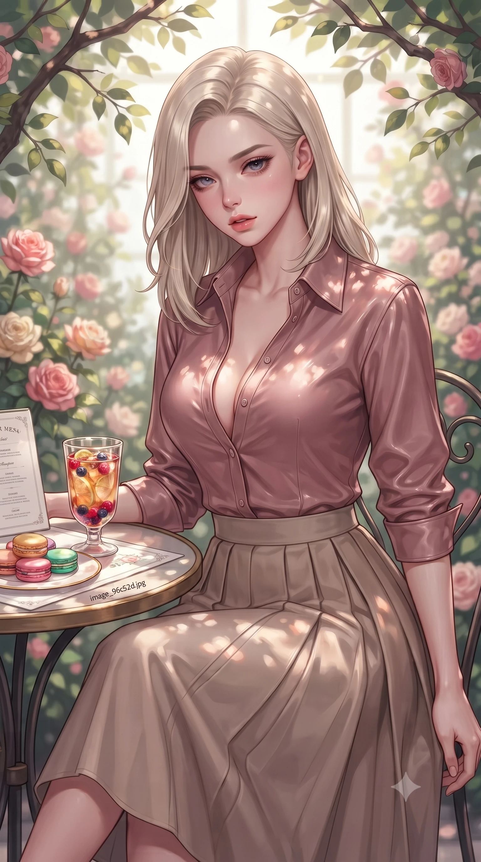 score_9, masterpiece, best quality, ultra-detailed, high-budget anime keyframe, editorial fashion photography, tasteful artistic composition, Caucasian woman. close-up cowboy shot from the waist and thighs up, the character dominates the composition, filling the frame with her large presence, background elements kept in soft focus. looking down at the viewer beneath lowered lashes with a quiet, smoldering confidence and parted lips set against a soft-focus background of inside an exclusive rose conservatory with a glass of iced fruit tea and delicate macaron pastries arranged on the table. She has an exceptionally elegant, slender, and willowy female figure with an ultra-slim waist, a gracefully sculpted slender torso, and a refined silhouette. sharp v-shaped jawline, high-bridge nose, intricate jewel-like eyes with depth, thick eyelashes, glossy lips with a natural sheen. wearing form-contouring dusty rose glossy leather casual linen button-down shirt paired with a flowy pleated midi skirt featuring refined tailored seams. highlighted by dappled sunlight filtering through leafy branches, creating soft organic patterns. highly saturated vibrant anime colors, detailed shading with soft gradients, rich glossy textures, high-contrast stereoscopic depth, volumetric dynamic lighting, master piece, 9:16 ratio