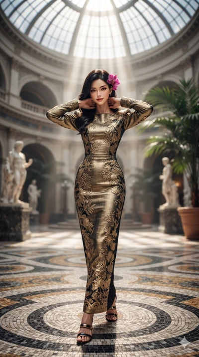 Japanese woman. resting both hands lightly behind her neck with elbows raised, arching her spine to highlight her narrow waist, flat midriff, and breathtaking collarbones while stepping gracefully across the mosaic marble floor, her long slender legs and curvy hourglass hips commanding the monumental rotunda. The background shows a soft-focus...