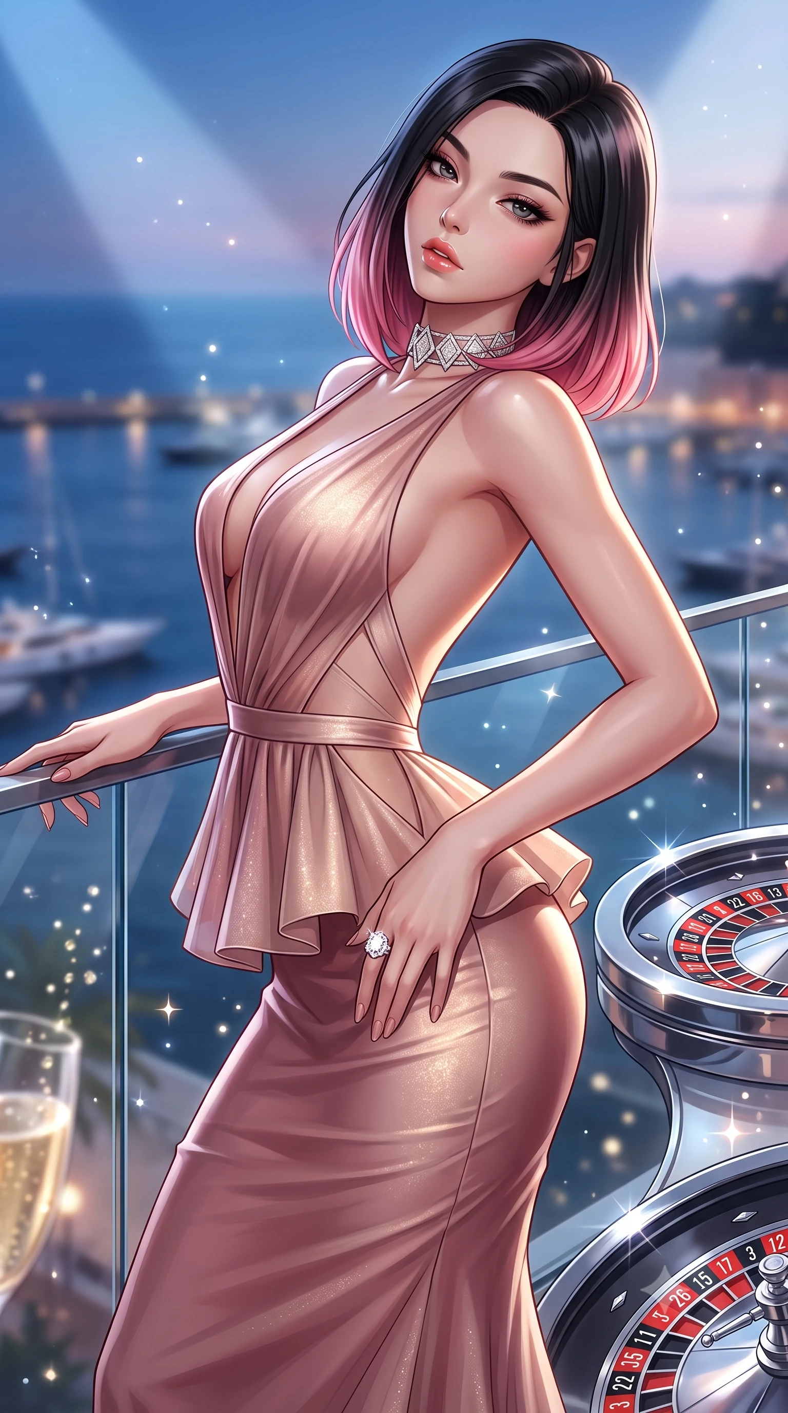 score_9, masterpiece, best quality, ultra-detailed, high-budget anime keyframe, semi-realistic 3D game render, editorial fashion photography, tasteful artistic composition, Korean woman. close-up cowboy shot from the waist and thighs up, the character dominates the composition, filling the frame with her large presence. arching her spine backward with effortless dancer poise, one hand sliding along her hip line as directional light carves specular highlights along her silhouette while leaning against the glass penthouse terrace balustrade overlooking Monaco harbor, hips cocked back in a seductive high-fashion stance. The composition keeps background elements in soft focus with creamy bokeh. crystal champagne bubbles and roulette wheel chrome reflections scattering sparkling light motes. She has an exceptionally elegant, slender, and willowy female figure with an ultra-slim waist, a gracefully sculpted slender torso, toned flat midriff, and rounded feminine hips creating an alluring hourglass silhouette. sharp v-shaped jawline, high-bridge nose, intricate jewel-like eyes with depth, thick eyelashes, glossy parted lips with a natural sheen, intensely captivating and seductive bedroom-eyes expression, flawlessly proportioned anatomical accuracy, strict slender model proportions, natural body alignment, perfectly sculpted long slender limbs, ultra-slim waistline, clean dynamic posture without body distortion. wearing a structural geometric peplum gown with sheer side-ribbon cutouts and form-fitting skirt in dusky blush rose and champagne shimmer, woven from layered gossamer chiffon with a weightless sweeping drape, complemented by a bold geometric diamond choker and glittering cocktail ring, the precision-cut side openings and low-back scoop framing her graceful spine and the sensual sweep of her hips. illuminated by crisp directional spotlights sharply defining her narrow waistline, sculpted spine, and curvy hips. highly saturated vibrant anime colors, detailed shading with soft gradients, rich glossy textures, high-contrast stereoscopic depth, volumetric dynamic lighting, master piece, 9:16 ratio