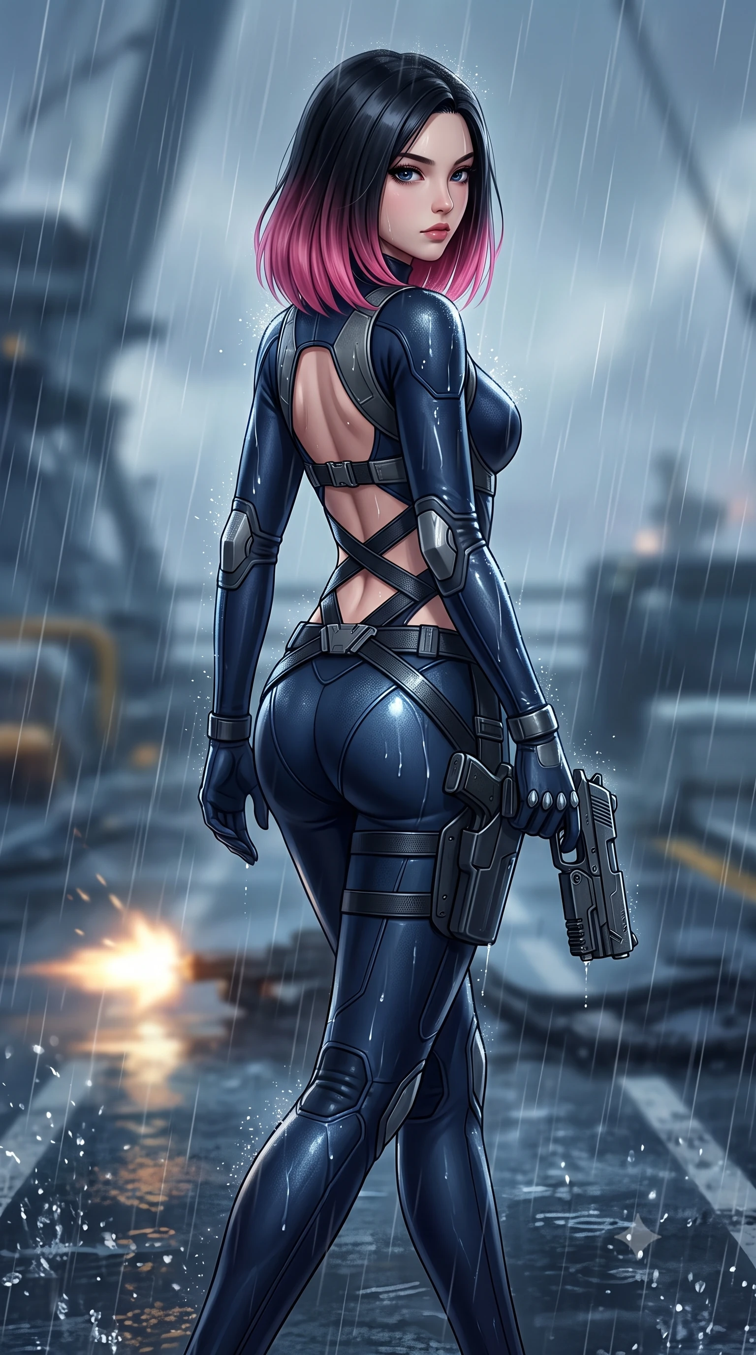 score_9, masterpiece, best quality, ultra-detailed, high-budget anime keyframe, semi-realistic 3D game render, editorial fashion photography, tasteful artistic composition, Korean woman. close-up cowboy shot from the waist and thighs up, the character dominates the composition, filling the frame with her large presence. turning over her shoulder with an indomitable, smoldering gaze, her soft hair framing her razor-sharp v-shaped jawline while striding through the rainstorm with lethal grace, grappling gun holstered at her hip as thunder rumbles overhead. The composition keeps background elements in soft focus with creamy bokeh. splattering raindrops and muzzle-flash reflections scattering luminous wet light motes across the deck. She has an exceptionally elegant, slender, and willowy female figure with an ultra-slim waist, a gracefully sculpted slender torso, toned flat midriff, and a refined slim silhouette. sharp v-shaped jawline, high-bridge nose, intricate jewel-like eyes with depth, thick eyelashes, glossy lips with a natural sheen, captivating and magnetic expression, flawlessly proportioned anatomical accuracy, strict slender model proportions, natural body alignment, perfectly sculpted long slender limbs, ultra-slim waistline, clean dynamic posture without body distortion. wearing a high-tech surveillance operative suit with flexible titanium joints and waist-cinching harness in deep midnight blue and brushed gunmetal, crafted from flexible ballistic matte leather and ultra-sleek stretch neoprene, accented with criss-cross back tactical harness straps framing her bare spine, the precision-cut daring openings accentuating her delicate midriff, graceful bare collarbones, and ultra-slim feminine waistline. illuminated by wet specular highlights tracing her sculpted flat midriff, waistline, and long legs. highly saturated vibrant anime colors, detailed shading with soft gradients, rich glossy textures, high-contrast stereoscopic depth, volumetric dynamic lighting, master piece, 9:16 ratio