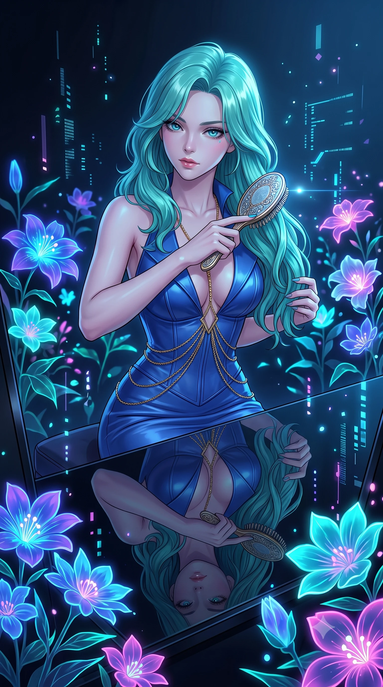 score_9, masterpiece, best quality, ultra-detailed, High-budget Anime Keyframe, East Asian woman. Low angle cowboy shot filling the entire 9:16 frame with her statuesque presence. Scenario 414: brushing her hair while seated before a vanity of black glass in a virtual garden where neon flowers bloom in the dark. Her presence is magnetic and overpowering in this high-budget anime scene. Outfit 414: a body-hugging cobalt blue matte vinyl corset dress featuring an elegant plunging collar and fine gold chains. The clothing is designed to emphasize her exceptionally tall and slender 8-heads proportion. 8-heads proportion, towering silhouette, ultra-slim waist. sharp v-shaped jawline, intricate jewel-like eyes with depth, thick eyelashes, glossy lips. 2k, ultra detail, master piece, 9:16 ratio