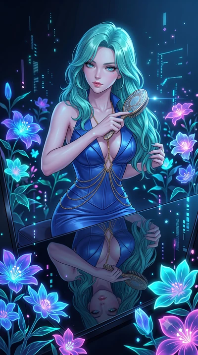 score_9, masterpiece, best quality, ultra-detailed, High-budget Anime Keyframe, East Asian woman. Low angle cowboy shot filling the entire 9:16 frame with her statuesque presence. Scenario 414: brushing her hair while seated before a vanity of black 
