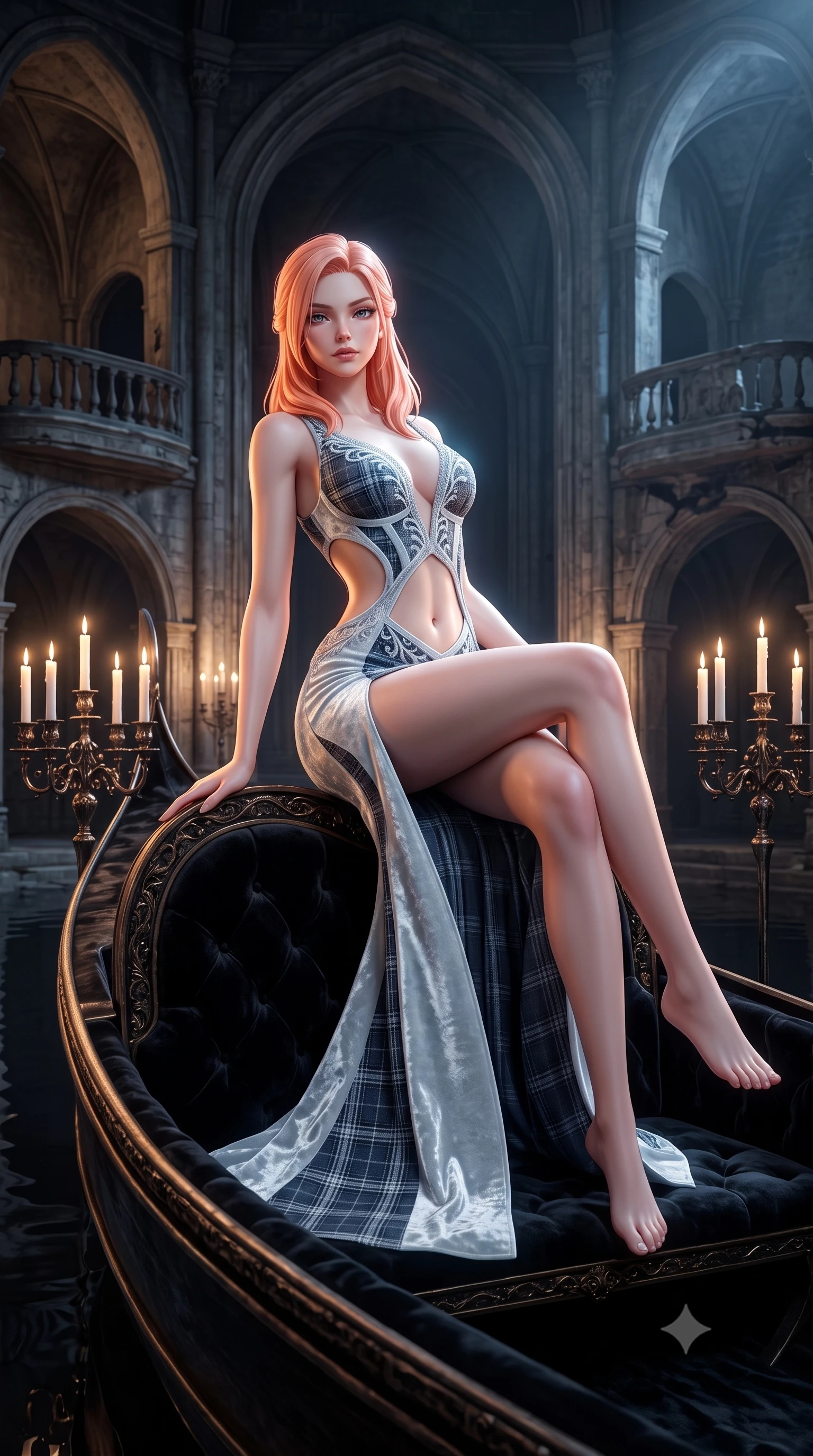 score_9, masterpiece, best quality, ultra-detailed, high-budget anime keyframe, semi-realistic 3D game render, editorial fashion photography, tasteful artistic composition, Japanese woman. low angle full-body shot from head to toe showing her feet, filling the entire 9:16 vertical frame with her statuesque presence, stretching her vertical silhouette. sitting perched on the elevated edge with hips angled toward the camera and legs crossed, displaying her toned midriff and flawlessly sculpted slender limbs while reclining languidly on an antique velvet-lined skiff floating on the subterranean black lake, arching her spine with one knee bent as candlelight traces her curvy hips. The surrounding environment is rendered in vivid detail and crisp panoramic clarity. intense theatrical chiaroscuro and decadent gothic romance aesthetics rendered with precision. She has an exceptionally tall and slender model-like 8.5-heads proportion, an ultra-slim waist, a flat toned midriff, narrow delicate ribcage, and beautifully sculpted feminine hips creating a graceful, slim hourglass silhouette without any bulky heaviness, with impossibly long slender legs. sharp v-shaped jawline, high-bridge nose, intricate jewel-like eyes with depth, thick eyelashes, glossy parted lips with a natural sheen, intensely captivating and seductive bedroom-eyes expression, flawlessly proportioned anatomical accuracy, strict slender model proportions, natural body alignment, perfectly sculpted long slender limbs, ultra-slim waistline, clean dynamic posture without body distortion. wearing a tailored tartan-wool and crushed-velvet corseted gala gown with an architectural open-waist cutout and high-cut thigh slit in liquid starlight silver and arctic glacier white, made of sheer contouring power-mesh with velvet flocking patterns, finished with delicate crystal frost embroidery tracing the plunging neckline, the form-contouring material adhering flawlessly to her sculpted flat midriff and slender torso, emphasizing her long leg lines and perfectly proportioned willowy build. surrounded by an immortal, seductive, and dangerously mesmerizing underground opera queen aura. highly saturated vibrant anime colors, detailed shading with soft gradients, rich glossy textures, high-contrast stereoscopic depth, volumetric dynamic lighting, master piece, 9:16 ratio