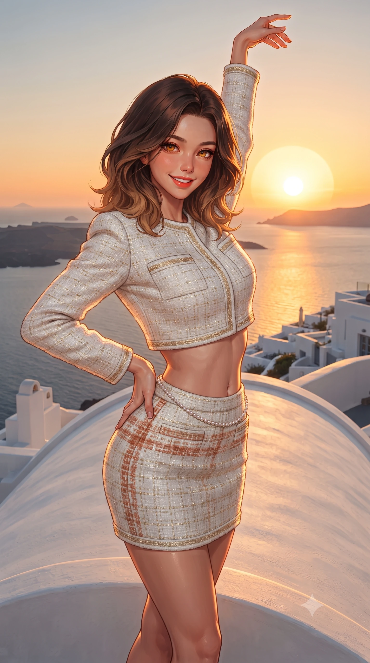 score_9, masterpiece, best quality, ultra-detailed, high-budget anime keyframe, editorial fashion photography, tasteful artistic composition, Korean woman. close-up cowboy shot from the waist and thighs up, the character dominates the composition, filling the frame with her large presence. playfully stretching one arm overhead toward the setting sun, her radiant smile capturing fresh girlhood charm while her arched torso reveals an intoxicating hip contour while standing poised on the organic curved white plaster rooftop, arching her back as the colossal Aegean sun dips below the horizon in fire. The surrounding environment is rendered in vivid detail and crisp panoramic clarity. detailed resort crochet weave, sunset highlights on skin, and Greek island architectural minimalism in high clarity. She has an exceptionally elegant, slender, and willowy female figure with an ultra-slim waist, flat toned midriff, narrow ribcage, and sculpted feminine hips creating an alluring, slim hourglass silhouette without bulk. sharp v-shaped jawline, high-bridge nose, sparkling amber-hazel eyes with depth, long lush eyelashes, glossy sun-kissed lips with a warm coral glaze, radiant teasing smile with sensual sunlit bedroom-eyes, exuding effortless old-money elegance and intoxicating sun-drenched allure, flawlessly proportioned anatomical accuracy, strict slender model proportions, natural body alignment, perfectly sculpted long slender limbs, ultra-slim waistline, clean dynamic posture without body distortion. wearing a luxury white tweed two-piece resort set with a cropped jacket and ultra-fitted high-waisted mini skirt tracing her hips in Mediterranean terracotta and warm oatmeal beige, tailored from soft pastel resort tweed with subtle gold thread shimmer, accented with a dainty pearl waist chain catching the ambient golden hour sunlight, the high-waisted tailoring accentuating her ultra-slim waistline and the enchanting curve of her feminine hips with alluring sunlit charm. illuminated by luminous white wall bounce fill and sharp orange-gold rim lights defining her slim torso, narrow waist, and curvy hips. ultra-reflective glossy finish, specular highlights, rich textural contrasts, high-contrast stereoscopic depth, volumetric dynamic lighting, 2k, ultra detail, master piece, 9:16 ratio