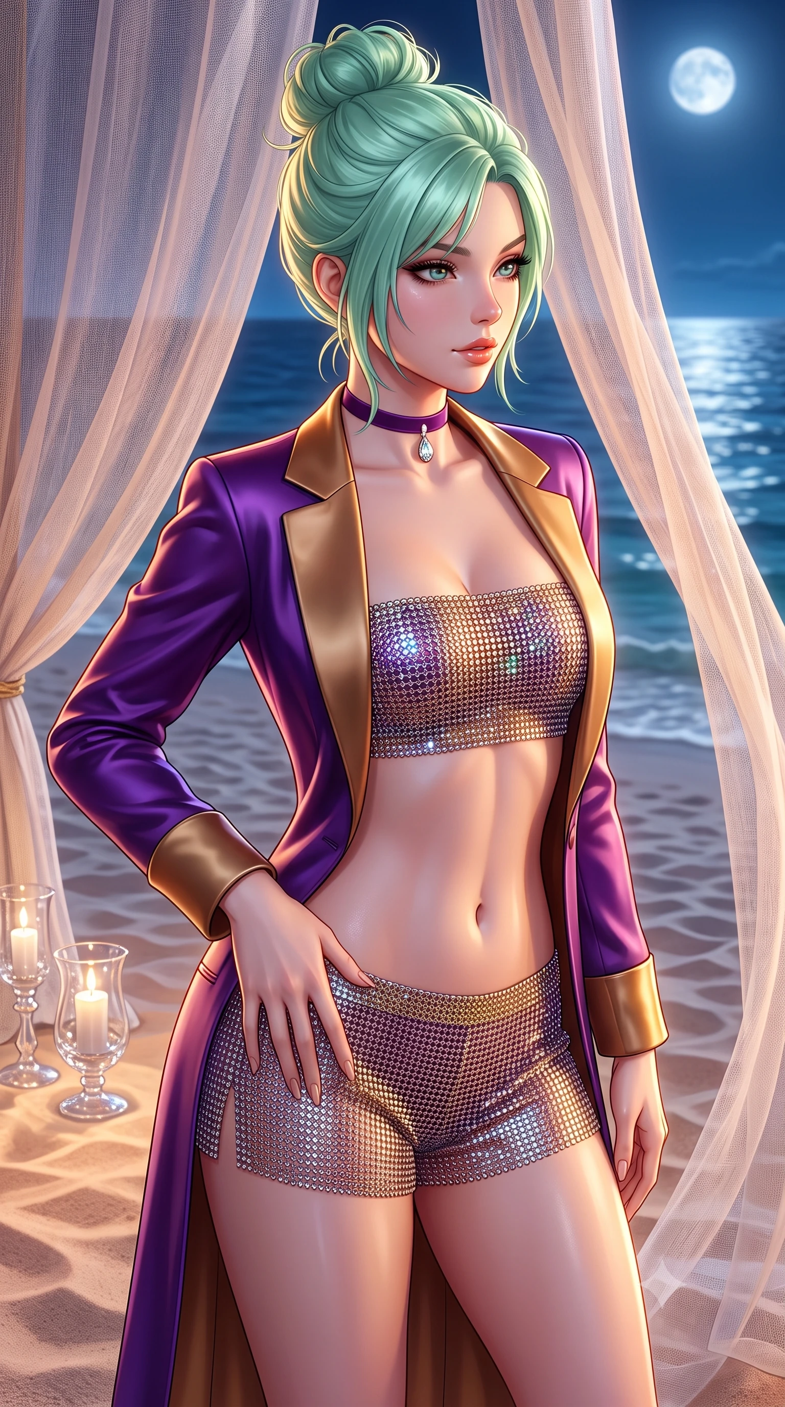 score_9, masterpiece, best quality, ultra-detailed, high-budget anime keyframe, semi-realistic 3D game render, editorial fashion photography, tasteful artistic composition, Japanese woman. close-up cowboy shot from the waist and thighs up, the character dominates the composition, filling the frame with her large presence. tilting her head with a teasing half-smile, running one hand slowly down the side of her hip in a flirtatious S-curve as ambient light caresses her silhouette while standing poised beside the billowing sheer linen tent with hips cocked back, looking over a bare shoulder toward the moonlit sea with smoldering eyes. The surrounding environment is rendered in vivid detail and crisp panoramic clarity: sharp fine coral sand grain ripples, fluttering linen fabric weave, and crystal candle glass reflections in deep focus. She has an exceptionally elegant, slender, and willowy female figure with an ultra-slim waist, flat toned midriff, narrow ribcage, and sculpted feminine hips creating an alluring, slim hourglass silhouette without bulk. sharp v-shaped jawline, high-bridge nose, sparkling eyes with hypnotic seductive depth, thick curled eyelashes, glossy parted lips with a natural dewy peach sheen, alluring bedroom-eyes with an enchanting coquettish smile, exuding magnetic siren charisma and sophisticated glamour, flawlessly proportioned anatomical accuracy, strict slender model proportions, natural body alignment, perfectly sculpted long slender limbs, ultra-slim waistline, clean dynamic posture without body distortion. wearing a tailored open-front satin smoking jacket worn over a jewel-embellished bandeau and micro-shorts in royal amethyst purple and gilded bronze, crafted from shimmering fluid chainmail mesh reflecting ambient lights, finished with a thin velvet ribbon choker and a single teardrop diamond pendant, the second-skin tailored fabric adhering flawlessly to her sculpted flat midriff and slender torso, emphasizing her long leg lines and perfectly proportioned willowy build. illuminated by white sand reflection bounce and sharp flame-gold rim lights defining her razor-sharp jawline, narrow waist, and curvy hips. highly saturated vibrant anime colors, detailed shading with soft gradients, rich glossy textures, high-contrast stereoscopic depth, volumetric dynamic lighting, master piece, 9:16 ratio