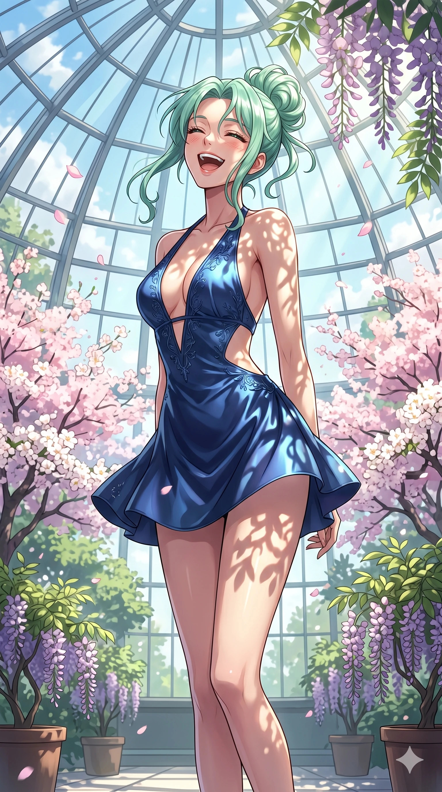 score_9, masterpiece, best quality, ultra-detailed, high-budget anime keyframe, vibrant anime aesthetic, Japanese woman. cowboy shot from the thighs up, character and outfit filling the frame for maximum presence. She is tossing her head back with a joyful laugh, her lips curved into a warm smile inside a glass atrium filled with cherry trees (Code-P20-085). She has an absolutely perfect 8-heads proportion, an exceptionally tall and slender female figure with impossibly long slender legs and an ultra-slim waist. V-shaped jawline, high-bridge nose, intricate jewel-like eyes with depth, thick eyelashes, glossy lips with a natural sheen. wearing a plunging neckline mini dress with side cutouts in satin. She is bathed in dappled sunlight filtering through wisteria leaves, creating organic shadows. 2k, ultra detail, master piece, 9:16 ratio