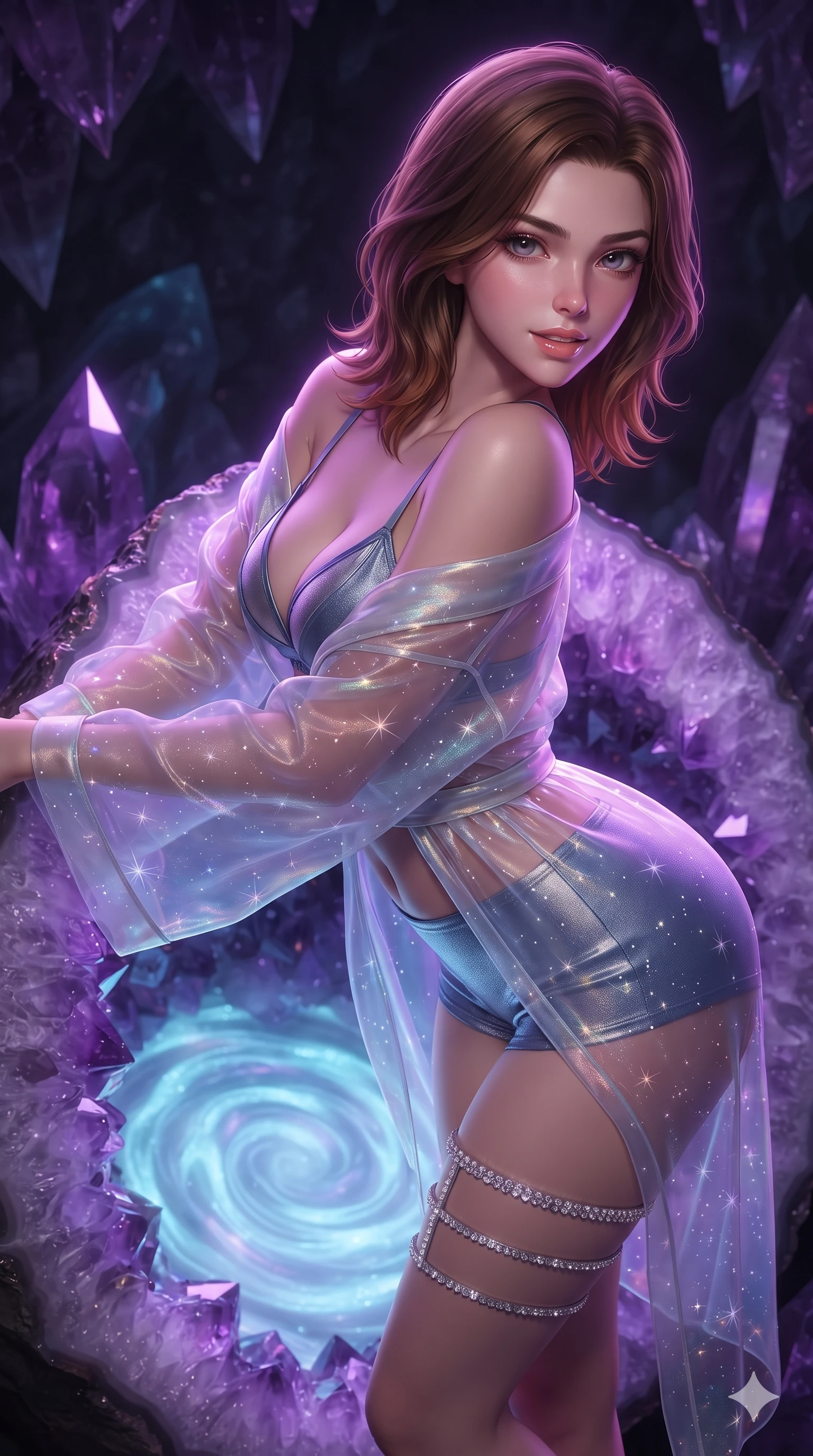 score_9, masterpiece, best quality, ultra-detailed, high-budget anime keyframe, semi-realistic 3D game render, editorial fashion photography, tasteful artistic composition, Korean woman. close-up cowboy shot from the waist and thighs up, the character dominates the composition, filling the frame with her large presence. leaning forward while arching her lower back to accentuate her curvy hips, looking into the camera with an intoxicating smoldering gaze and bedroom-eyes while leaning against the giant amethyst geode rim with hips cocked back, watching phosphorescent mineral ripples swirl with smoldering bedroom-eyes. The surrounding environment is rendered in vivid detail and crisp panoramic clarity: detailed anime keyframe lines, rich glossy textures, and magical subterranean geology in razor-sharp precision. She has an exceptionally elegant, slender, and willowy female figure with an ultra-slim waist, flat toned midriff, narrow ribcage, and sculpted feminine hips creating an alluring, slim hourglass silhouette without bulk. sharp v-shaped jawline, high-bridge nose, intricate jewel-like sparkling eyes with depth, thick eyelashes, glossy parted lips with a natural peach sheen, bright cheerful beaming smile with an enchanting and coquettish sensual glint, exuding both youthful cute charm and seductive allure, flawlessly proportioned anatomical accuracy, strict slender model proportions, natural body alignment, perfectly sculpted long slender limbs, ultra-slim waistline, clean dynamic posture without body distortion. wearing a translucent iridescent organza kimono robe slipping off bare shoulders over a matching satin micro-bralette and micro-shorts in slate blue and metallic silver, woven from stretch metallic lurex jersey casting radiant starlight glints across her curves, finished with delicate crystal-encrusted thigh garter straps glinting in the dim light, the glove-like clinging cut tightly following the natural contour of her hips and long slender legs with youthful 8.5-heads elegance. illuminated by pool surface reflection bounce and sharp neon-violet rim lights sculpting her jawline, narrow waist, and curvy hips. highly saturated vibrant anime colors, detailed shading with soft gradients, rich glossy textures, high-contrast stereoscopic depth, volumetric dynamic lighting, master piece, 9:16 ratio