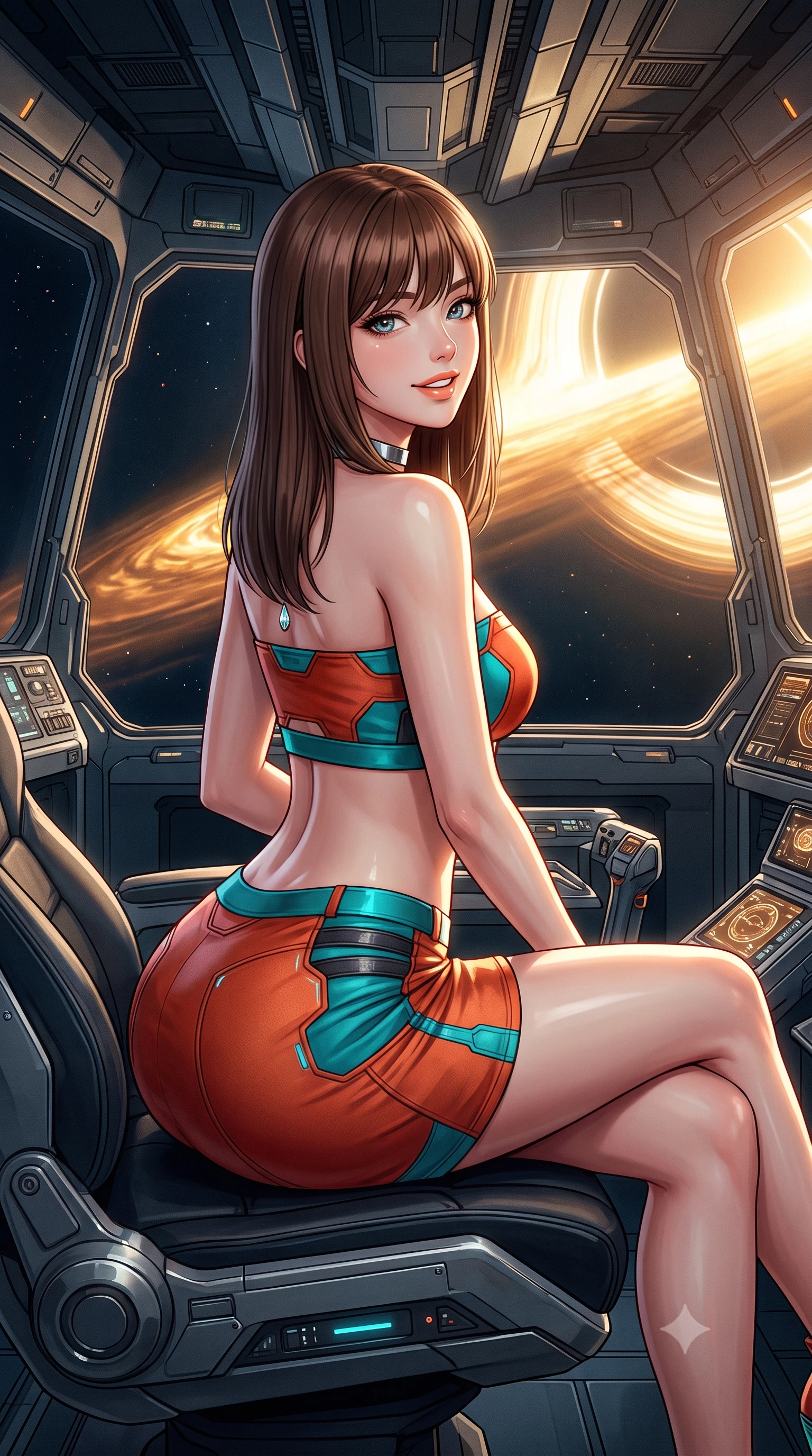 score_9, masterpiece, best quality, ultra-detailed, high-budget anime keyframe, editorial fashion photography, tasteful artistic composition, Korean woman. close-up cowboy shot from the waist and thighs up, the character dominates the composition, filling the frame with her large presence. posing in an alluring rear three-quarter angle, looking over a bare shoulder with parted glossy lips, her hips cocked back to highlight her slim hourglass curve while sitting gracefully on the ergonomic captain chair with legs crossed, flashing an enchanting smile with parted glossy lips as light bends around her. The surrounding environment is rendered in vivid detail and crisp panoramic clarity: detailed garment tailoring, futuristic hardware accents, and monumental interstellar starship architecture in high resolution. She has an exceptionally elegant, slender, and willowy female figure with an ultra-slim waist, flat toned midriff, narrow ribcage, and sculpted feminine hips creating an alluring, slim hourglass silhouette without bulk. sharp v-shaped jawline, high-bridge nose, intricate jewel-like sparkling eyes with depth, thick eyelashes, glossy parted lips with a natural peach sheen, bright cheerful beaming smile with an enchanting and coquettish sensual glint, exuding both youthful cute charm and seductive allure, flawlessly proportioned anatomical accuracy, strict slender model proportions, natural body alignment, perfectly sculpted long slender limbs, ultra-slim waistline, clean dynamic posture without body distortion. wearing an ultra-cropped tech-wear bandeau top paired with a micro mini skirt revealing her flat toned midriff in cyber-shinto vermilion and electric teal, crafted from bespoke double-faced cashmere with an exceptionally soft tactile finish, finished with a minimalist chrome choker and a single teardrop diamond pendant, the impeccably tailored cut draping gracefully along her slender figure with aristocratic poise. bathed in the blinding golden synchrotron radiation of the accretion disk contrasted with deep obsidian shadow gradients. ultra-reflective glossy finish, specular highlights, rich textural contrasts, high-contrast stereoscopic depth, volumetric dynamic lighting, 2k, ultra detail, master piece, 9:16 ratio