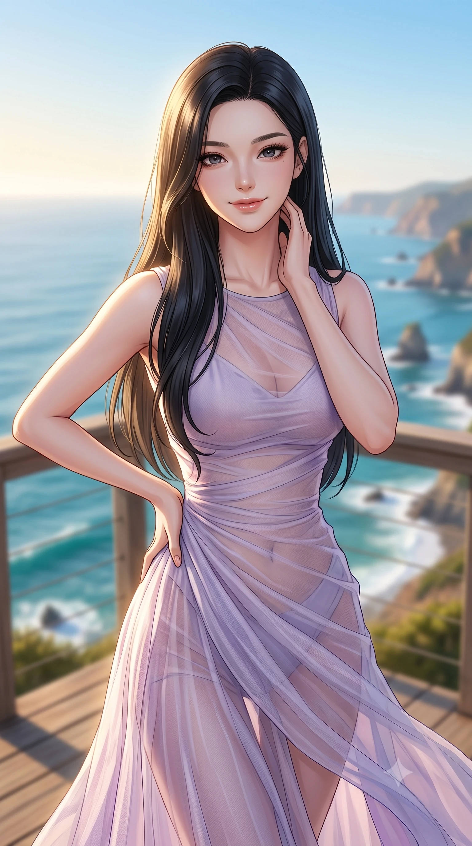 score_9, masterpiece, best quality, ultra-detailed, high-budget anime keyframe, editorial fashion photography, tasteful artistic composition, Korean woman woman. close-up cowboy shot from the waist and thighs up, the character dominates the composition, filling the frame with her large presence, background elements kept in soft focus. tilting her head slightly with a gentle, friendly smile under the warm sun the background shows a soft-focus a wooden viewing platform atop a scenic coastal cliff overlooking a vast turquoise ocean under a cloudless sky. She has an exceptionally elegant, slender, and willowy female figure with an ultra-slim waist, a gracefully sculpted slender torso, and a refined silhouette. sharp v-shaped jawline, high-bridge nose, intricate jewel-like eyes with depth, thick eyelashes, glossy lips with a natural sheen. wearing a body-hugging semi-transparent chiffon maxi dress in lavender, showing her silhouette through the sheer fabric. brilliant golden afternoon sunbeams, casting soft warm light. 2k, ultra detail, master piece, 9:16 ratio