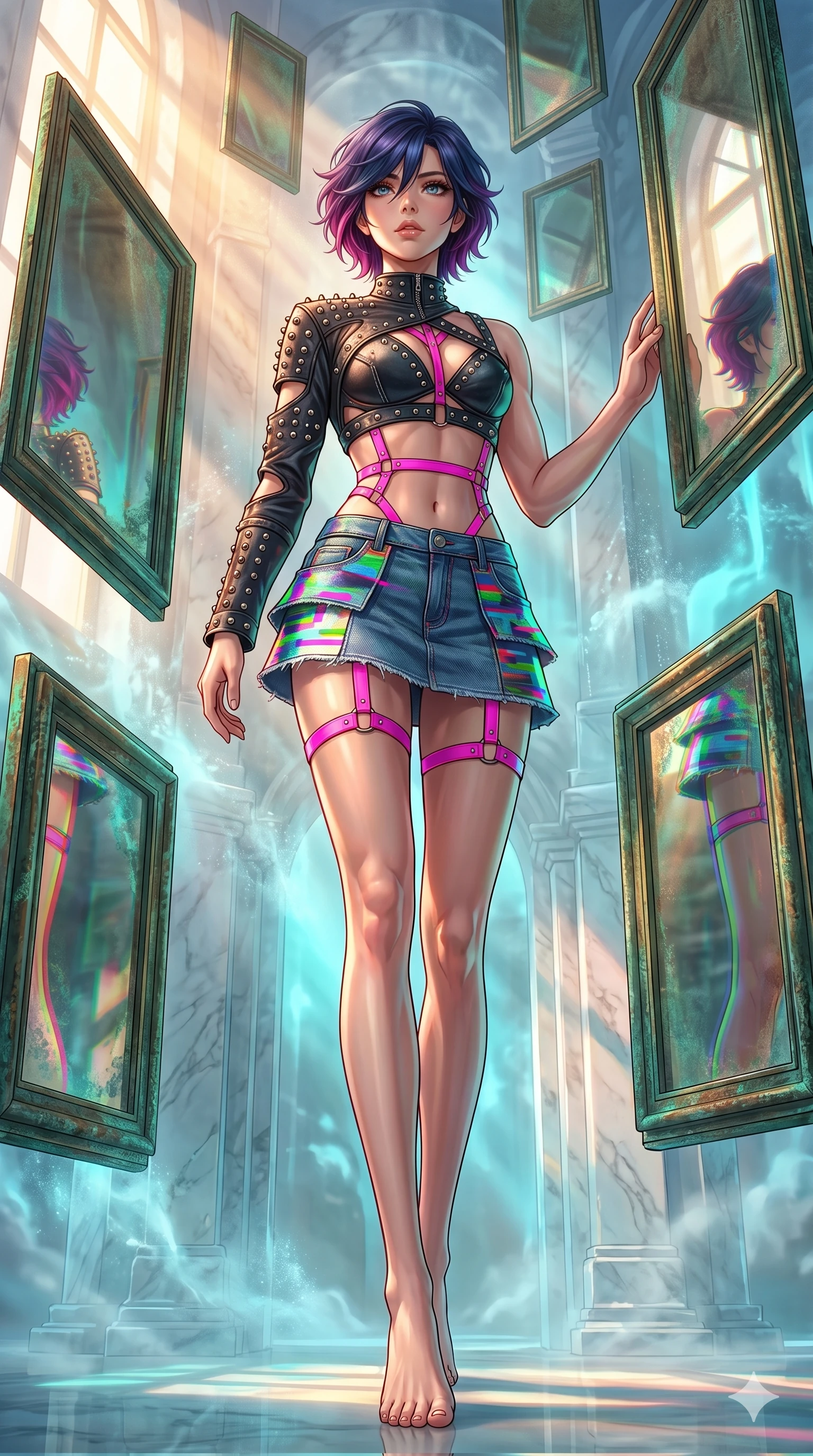 score_9, masterpiece, best quality, ultra-detailed, high-budget anime keyframe, Japanese woman. low angle full-body shot filling the entire 9:16 frame with her statuesque presence, stretching the vertical silhouette. wandering through a mirage cloud cathedral of translucent marble and water mist, surrounded by floating ancient bronze mirror walls. She has an absolutely perfect 8-heads proportion, an exceptionally tall and slender female figure with impossibly long slender legs and an ultra-slim waist. V-shaped jawline, high-bridge nose, intricate jewel-like eyes with depth, thick eyelashes, glossy lips with a natural sheen.. wearing a glitch denim and studded leather outfit, featuring an RGB glitch pattern denim micro-skirt, a single-sleeve cropped leather jacket, and neon pink harness straps. showcasing a beautiful play of light and shadow, with warm golden rays clashing against cool cyan highlights. 2k, ultra detail, master piece, 9:16 ratio