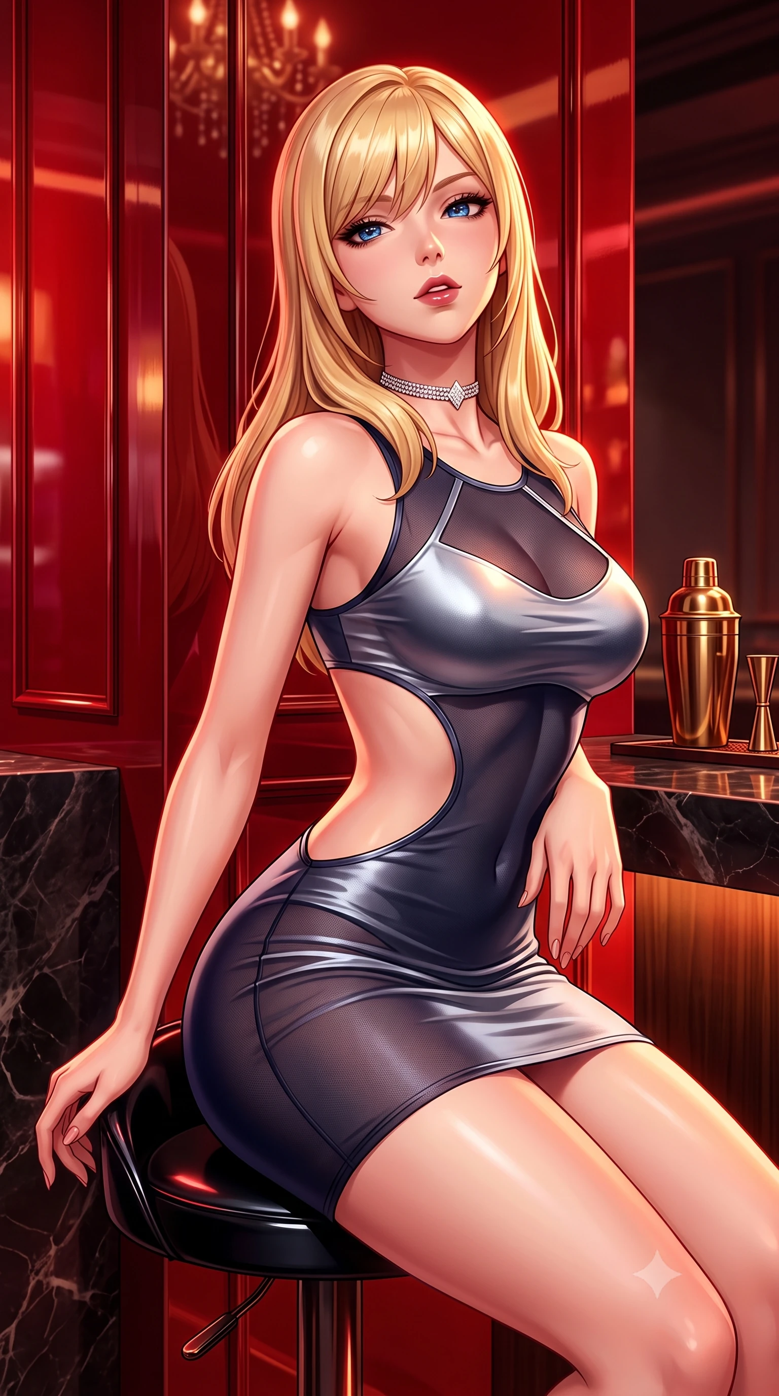 score_9, masterpiece, best quality, ultra-detailed, high-budget anime keyframe, semi-realistic 3D game render, editorial fashion photography, tasteful artistic composition, Caucasian woman. close-up cowboy shot from the waist and thighs up, the character dominates the composition, filling the frame with her large presence. tilting her chin up slightly with lips parted in a composed, sovereign expression, her body curving in an alluring S-line that accentuates her hip contour while sitting on a high glossy black stool beside a polished crimson lacquer partition, arching her lower back with a tantalizing, smoldering smile. The surrounding environment is rendered in vivid detail and crisp panoramic clarity. sharp glossy red lacquer reflections, dark polished marble grain, and brass cocktail shaker hardware in deep focus. She has an exceptionally elegant, slender, and willowy female figure with an ultra-slim waist, flat toned midriff, narrow ribcage, and sculpted feminine hips creating an alluring, slim hourglass silhouette without bulk. sharp v-shaped jawline, high-bridge nose, intricate jewel-like dark sparkling eyes with dangerous depth, thick curled eyelashes, glossy parted lips with a rich wine sheen, smoldering seductive half-smile with bedroom-eyes, exuding effortless superiority and intoxicating dark allure, flawlessly proportioned anatomical accuracy, strict slender model proportions, natural body alignment, perfectly sculpted long slender limbs, ultra-slim waistline, clean dynamic posture without body distortion. wearing a cut-out liquid silver mini dress with open-waist architecture emphasizing her hourglass curves in midnight indigo and icy platinum, made of semi-opaque dark contouring mesh clinging like a second skin, finished with a delicate diamond choker catching the chandelier light, the high-waisted tailoring accentuating her ultra-slim waistline and the enchanting curve of her feminine hips with alluring dark charm. bathed in intense crimson and deep amber low-key accent lighting. highly saturated vibrant anime colors, detailed shading with soft gradients, rich glossy textures, high-contrast stereoscopic depth, volumetric dynamic lighting, master piece, 9:16 ratio