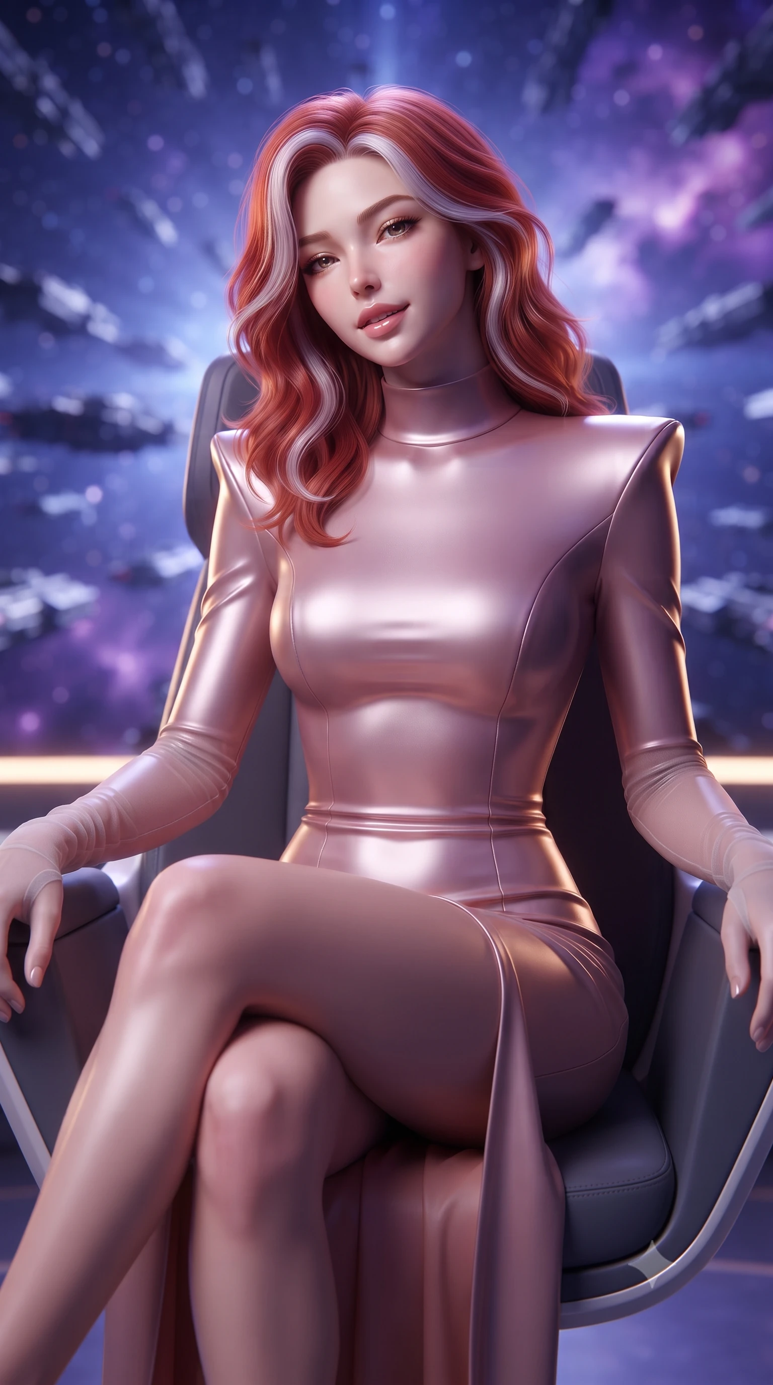 score_9, masterpiece, best quality, ultra-detailed, high-budget anime keyframe, editorial fashion photography, tasteful artistic composition, Caucasian woman. close-up cowboy shot from the waist and thighs up, the character dominates the composition, filling the frame with her large presence. tilting her head with a teasing half-smile, running one hand slowly down the side of her hip in a flirtatious S-curve as ambient light caresses her silhouette while sitting gracefully on the ergonomic admiral throne with legs crossed, flashing an enchanting smile with parted glossy lips as hundred-ship armadas warp into deep space. The background shows a soft-focus shimmering indigo hyperspace warp gate vortex, rows of dreadnought formations, and distant purple nebula clouds blurred into indigo, sapphire, and diamond bokeh. She has an exceptionally elegant, slender, and willowy female figure with an ultra-slim waist, flat toned midriff, narrow ribcage, and sculpted feminine hips creating an alluring, slim hourglass silhouette without bulk. sharp v-shaped jawline, high-bridge nose, intricate jewel-like sparkling eyes with depth, thick eyelashes, glossy parted lips with a natural peach sheen, bright cheerful beaming smile with an enchanting and coquettish sensual glint, exuding both youthful cute charm and seductive allure, flawlessly proportioned anatomical accuracy, strict slender model proportions, natural body alignment, perfectly sculpted long slender limbs, ultra-slim waistline, clean dynamic posture without body distortion. wearing a body-hugging liquid mercury jersey combat gown with high mock neck and structured shoulder pads clinging flawlessly to her silhouette in Solaris liquid rose-quartz and alien peach, crafted from bespoke double-faced cashmere with an exceptionally soft tactile finish, complemented by sheer opera-length evening gloves tracing her slender arms, the bespoke structured tailoring following the natural line of her 8.5-heads silhouette with refined elegance. bathed in the mystical indigo luminescence of the hyperspace gate mixed with warm 2800K balcony edge lighting. ultra-reflective glossy finish, specular highlights, rich textural contrasts, high-contrast stereoscopic depth, volumetric dynamic lighting, 2k, ultra detail, master piece, 9:16 ratio